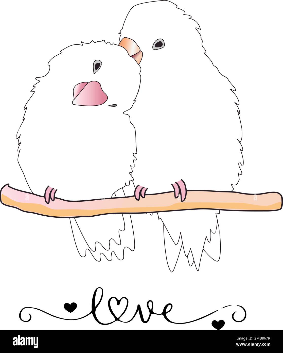 Illustrazione vettoriale di un paio di uccelli innamorati. Due pappagalli cantano e si sentono innamorati. con amore per il testo, romanticismo, poster. disegni per schede, cartoline Illustrazione Vettoriale