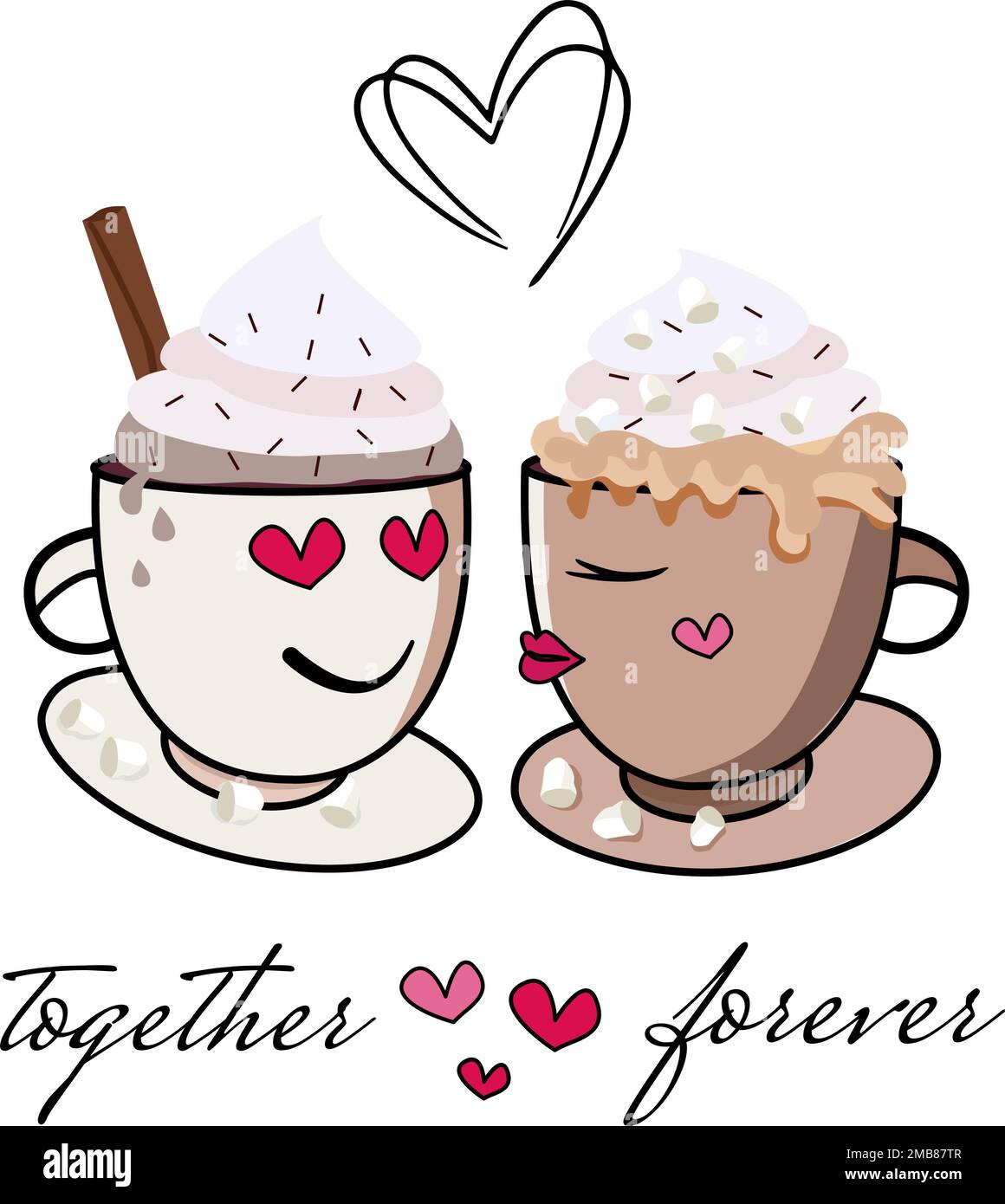 Insieme amore forever.Vector illustrazione di un paio di tazze di caffè in amore. Sfondo giorno di San Valentino con motivo cardiaco e tipografia Illustrazione Vettoriale