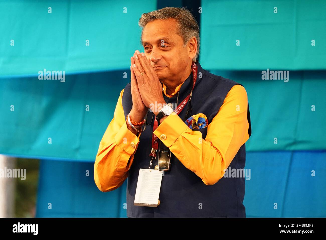 Shashi Tharoor, membro del Congresso, parla durante il Jaipur Literature Festival, a Jaipur, Rajasthan, India, il 20 gennaio 2023. Foto di ABACAPRESS.COM. Foto Stock