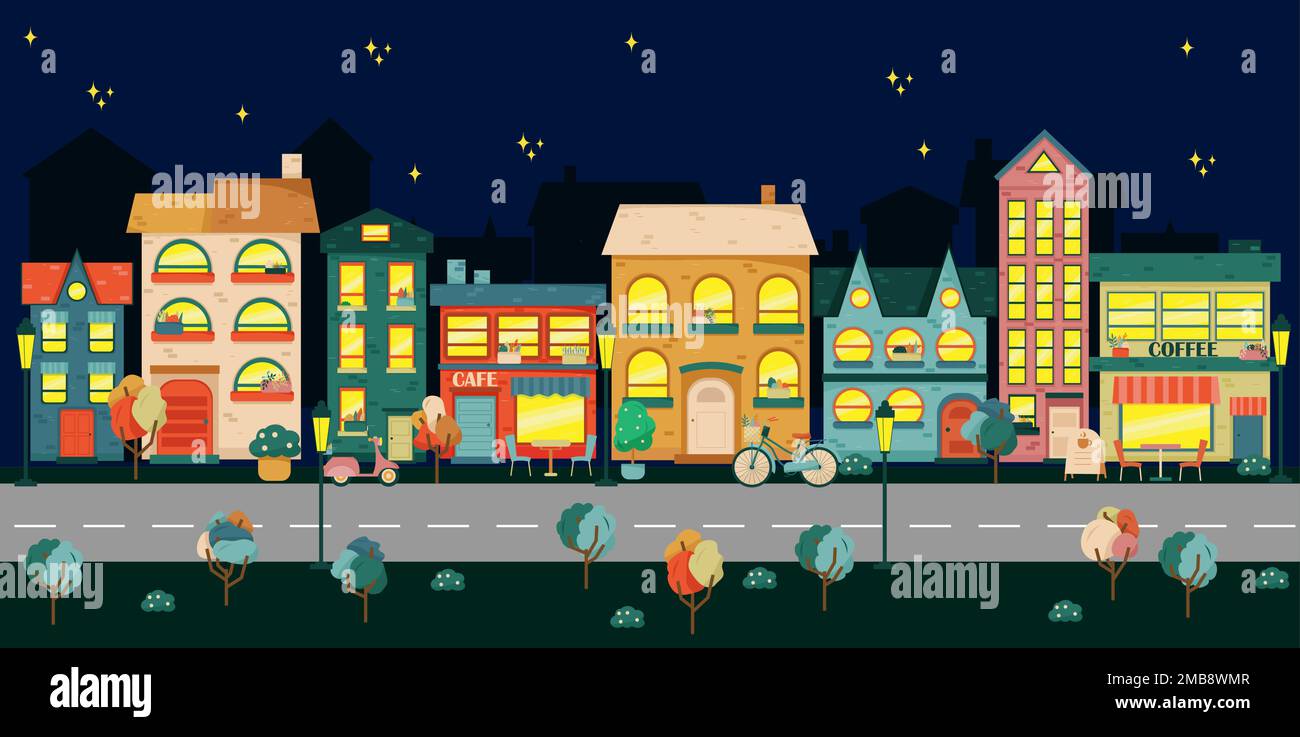 Illustrazione della vita cittadina con facciate della casa, strada e altri dettagli urbani. Vista panoramica notturna. Stile piatto Illustrazione Vettoriale