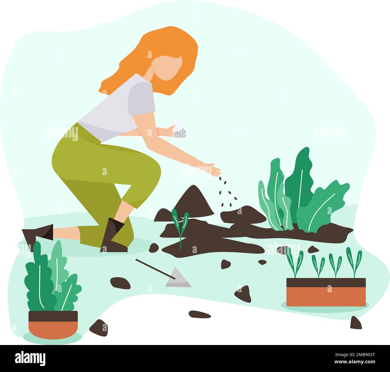 Gente di giardinaggio primavera. disegno vettoriale piatto donne, facendo hobby giardino work.Spring giardinaggio concetto Illustrazione Vettoriale