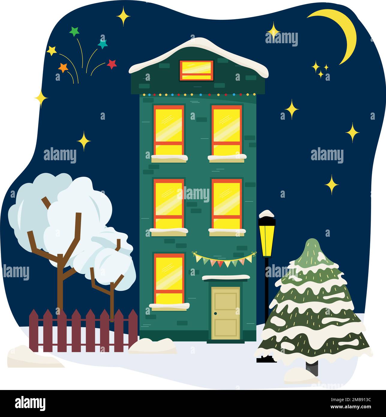 Natale casa innevata al di fuori degli interni con paesaggio invernale Illustrazione Vettoriale