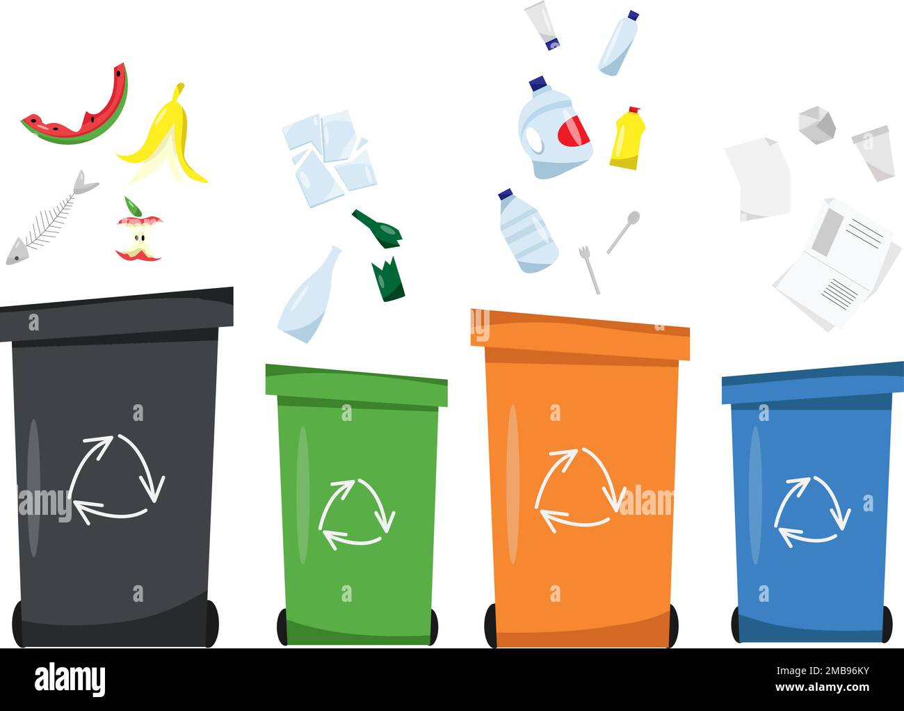 Smistamento rifiuti, smistamento rifiuti per riciclaggio, smistamento rifiuti, contenitori per riciclaggio. Diversi tipi di rifiuti: Carta, plastica, vetro, organic.modern piatto v Illustrazione Vettoriale