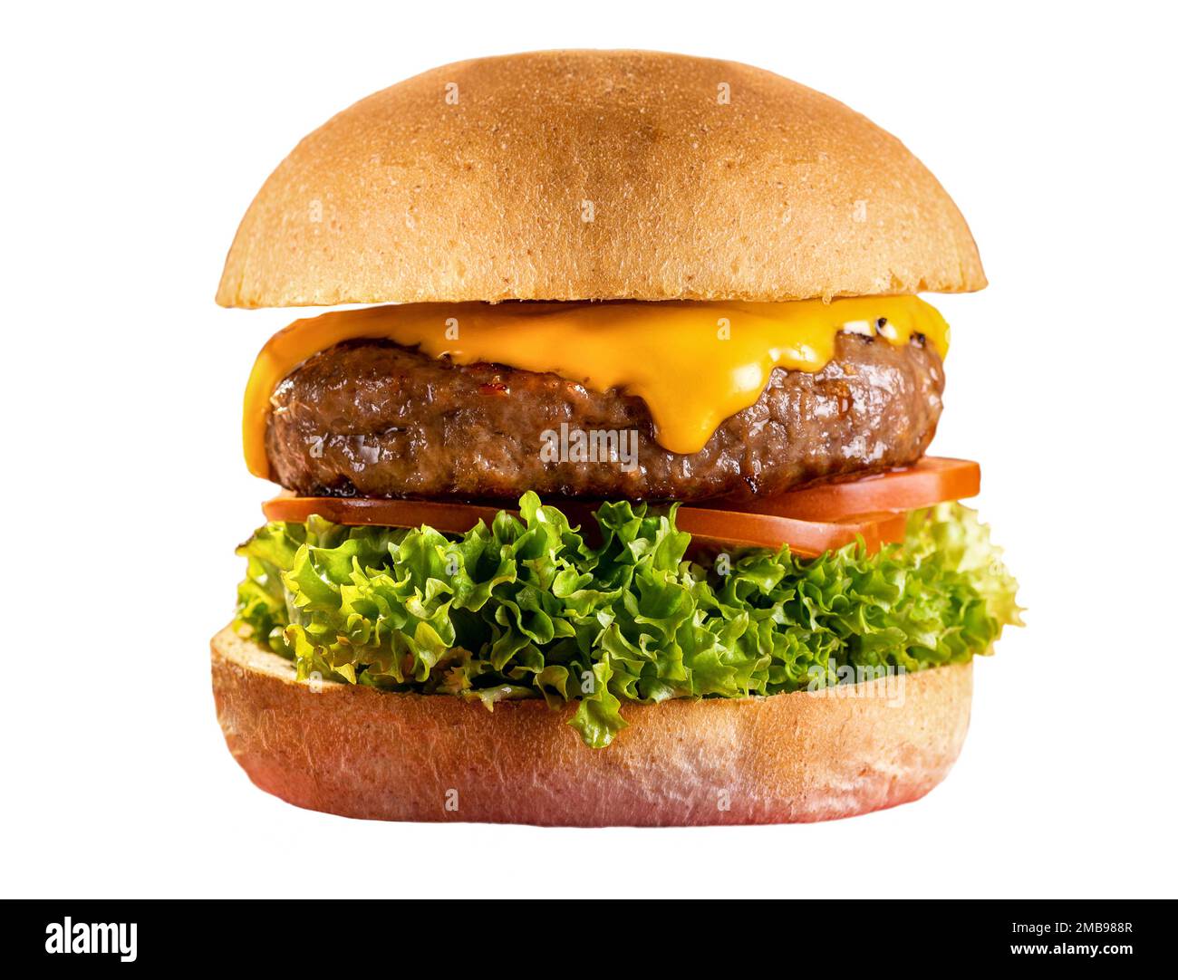Appetitoso hamburger fresco succulento con verdure e formaggio freschi isolato su sfondo bianco Foto Stock