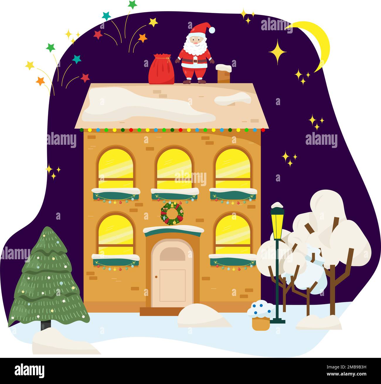 Natale casa innevata al di fuori degli interni con paesaggio invernale Illustrazione Vettoriale