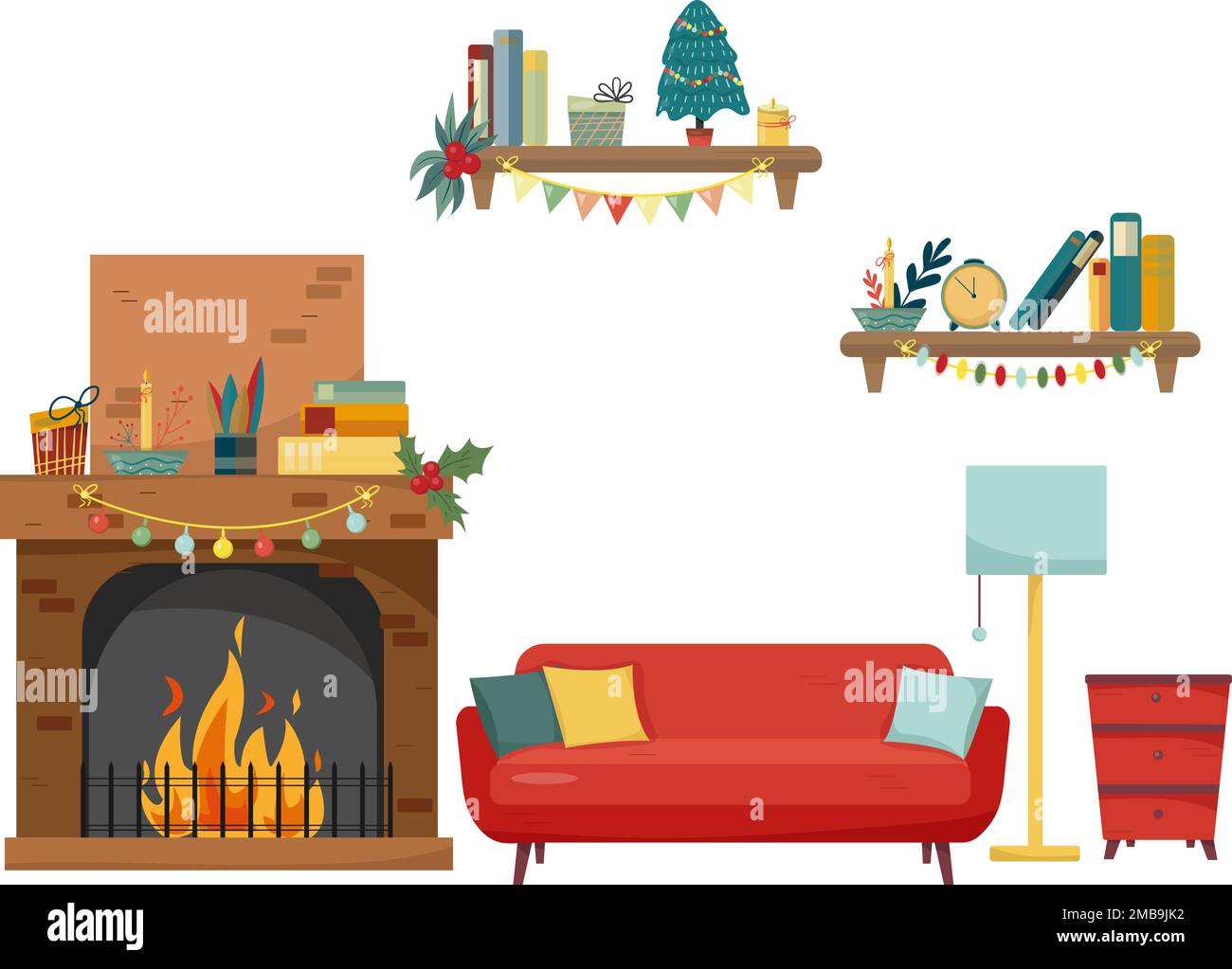Interno della camera con caminetto di Natale in colorato stile piano cartoon. Illustrazione Vettoriale