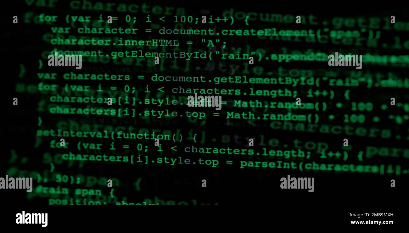 illustrazione sfocata dello sfondo della codifica in azione, codice verde su sfondo nero, potenza della tecnologia Foto Stock