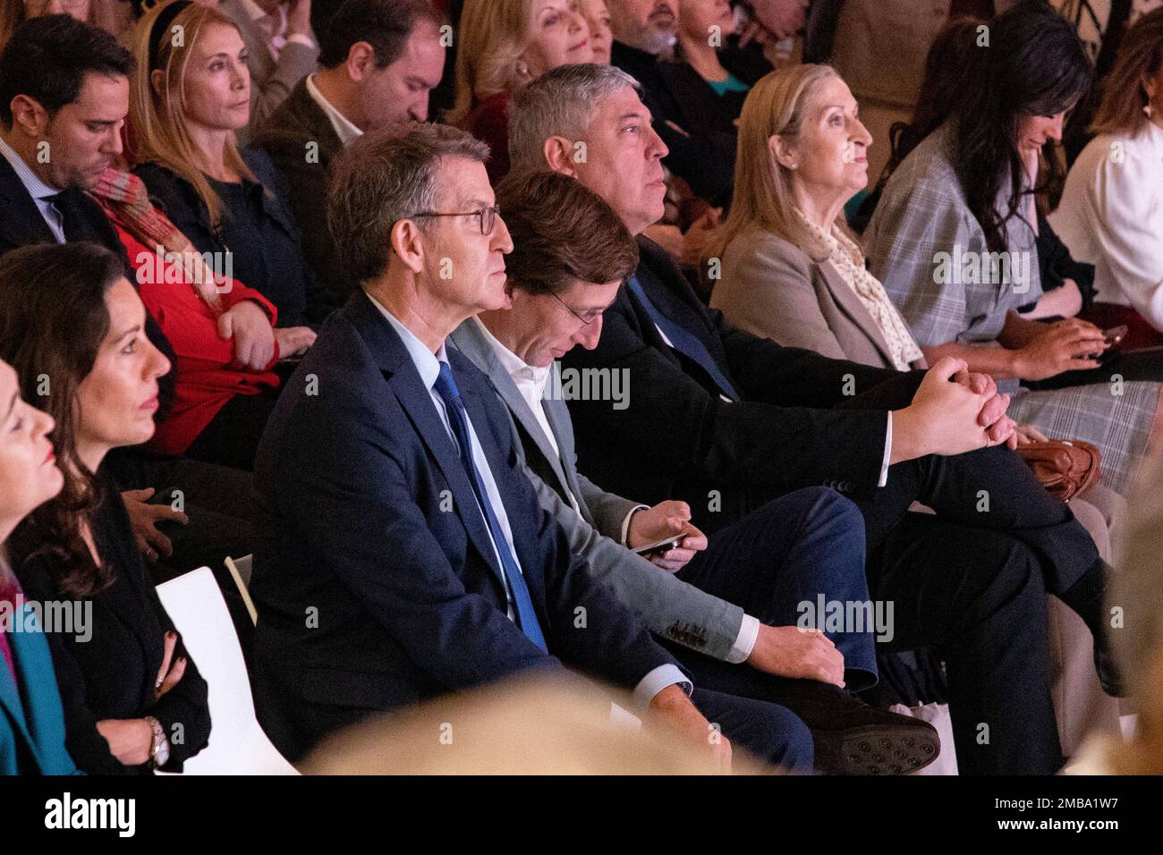 Alberto Núñez Feijóo. Ayuso. Almeida. Politici del Partito popolare di Spagna al FITUR. IFEMA. Fiera turistica. Foto Stock