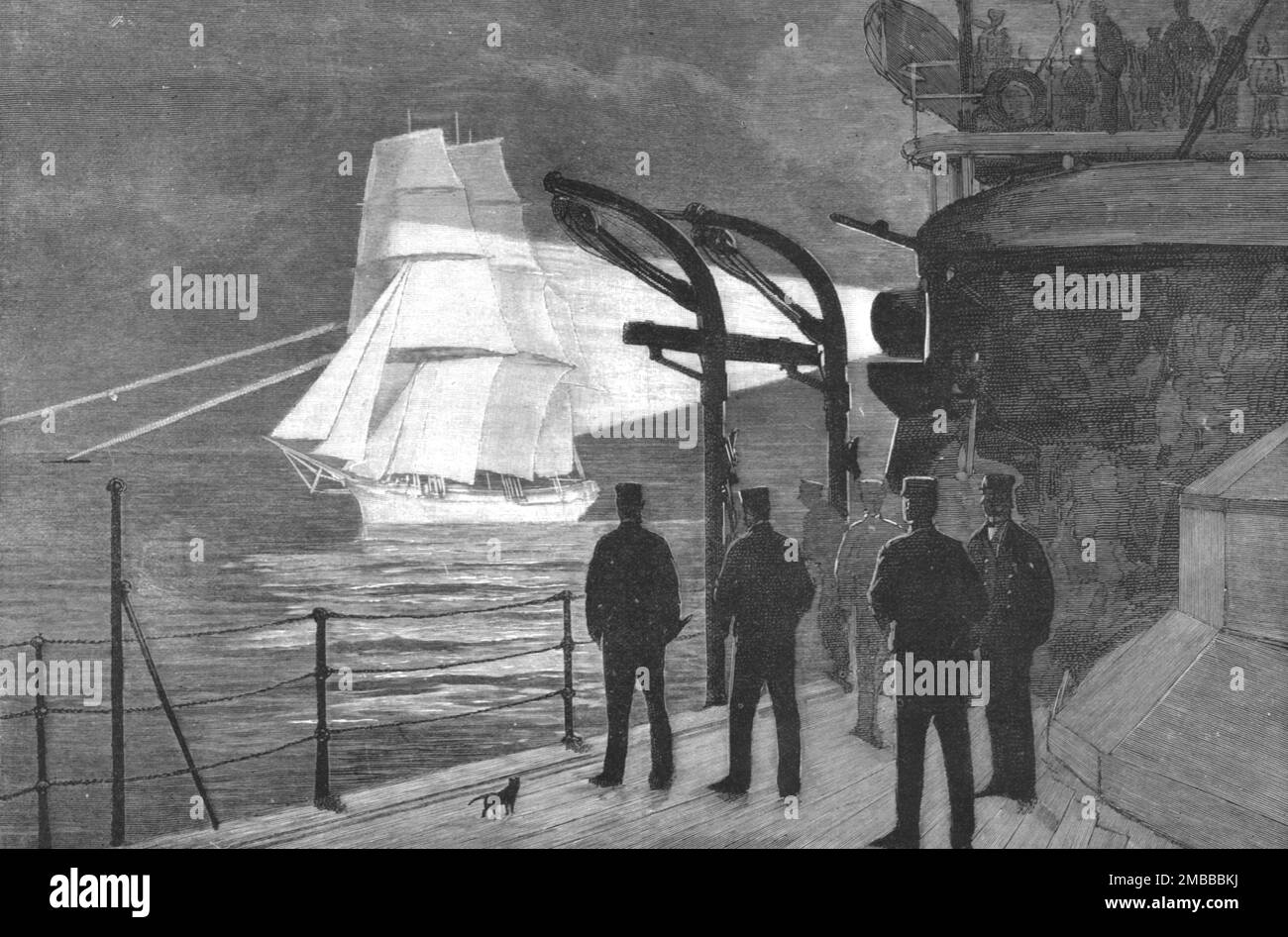 ''una crociera autunnale con lo Squadrone del canale; la "nave fantasma " -- Una barca a vela "che corre il Gauntlet elettrico" ', 1890. Da "The Graphic. Un quotidiano settimanale illustrato", Volume 42. Da luglio a dicembre 1890. Foto Stock