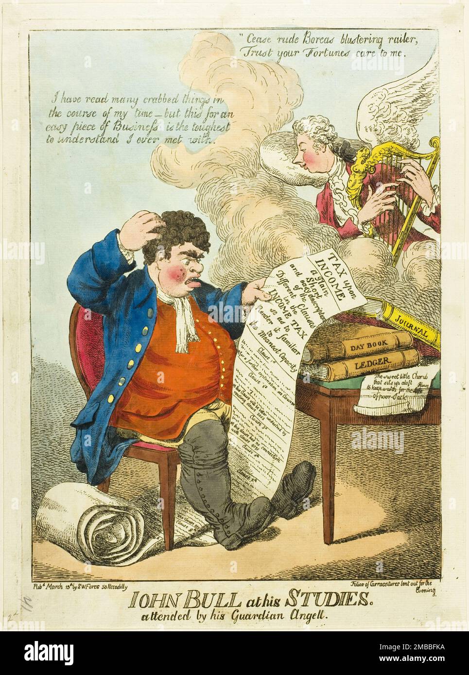 John Bull at His Studies, pubblicato il 13 marzo 1799. '...assistito da suo Guardian Annell' (primo ministro britannico William Pitt: "Cessate la rude Boreas, affida a me le cure della vostra Fortuna". John Bull, grattando la sua testa: "Ho letto molte cose schiacciate nel corso del mio tempo - ma questo per un facile pezzo di affari è il più difficile da capire che abbia mai incontrato". La lista recita: 'Imposta sul reddito, una descrizione semplice, breve e facile delle diverse clausole nell'imposta sul reddito in modo da renderla familiare alla capacità più meanest '. Foto Stock