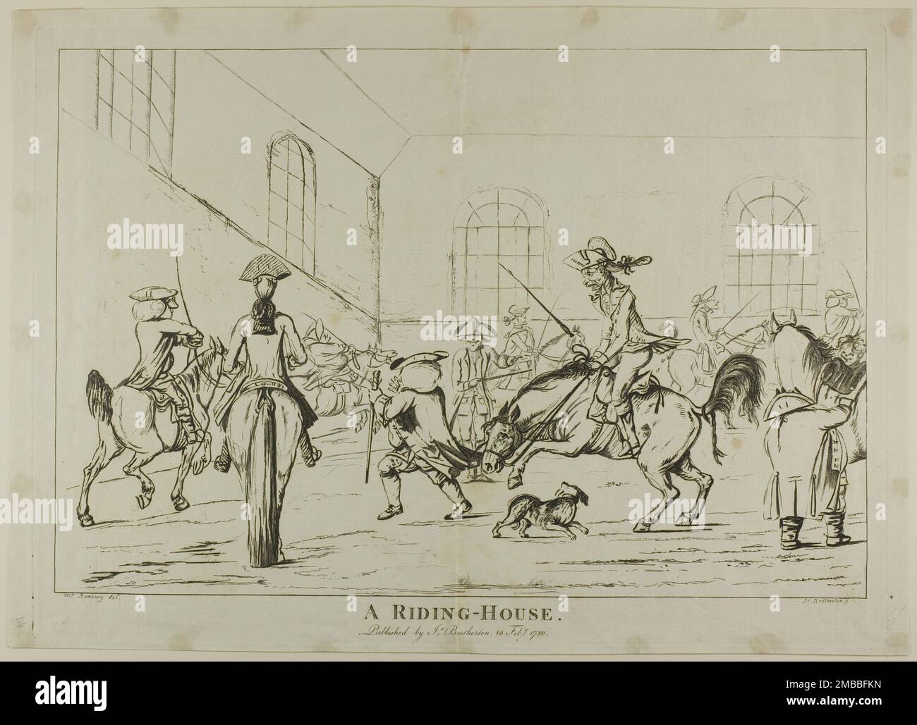 A Riding-House, pubblicato nel 1780. Gli uomini imparano a cavalcare i cavalli. Un uomo corto sulla destra, sul punto di montare il suo cavallo, è stato identificato come Capitano Grose. Al centro si trova il padrone di equitazione, puntando con mano e canna. Un cane abbaia, allarmando i cavalli, come un altro uomo in una parrucca clericale corre attraverso la stanza in allarme. Foto Stock