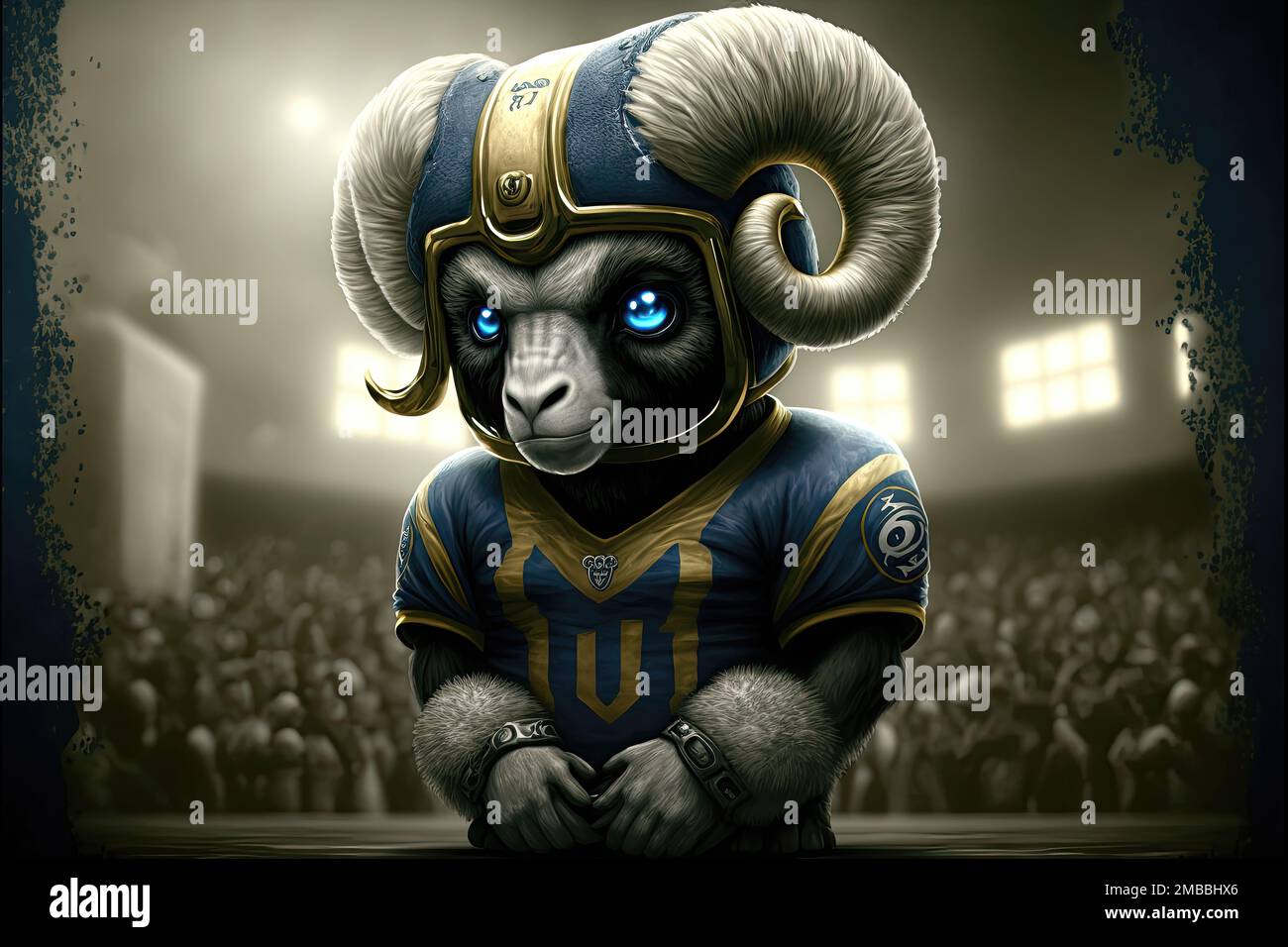 La mascotte dei Los Angeles Rams, una squadra di calcio americana professionista, si chiama Rampage. Rampage è un grande montone antropomorfo con un blu e voi Foto Stock