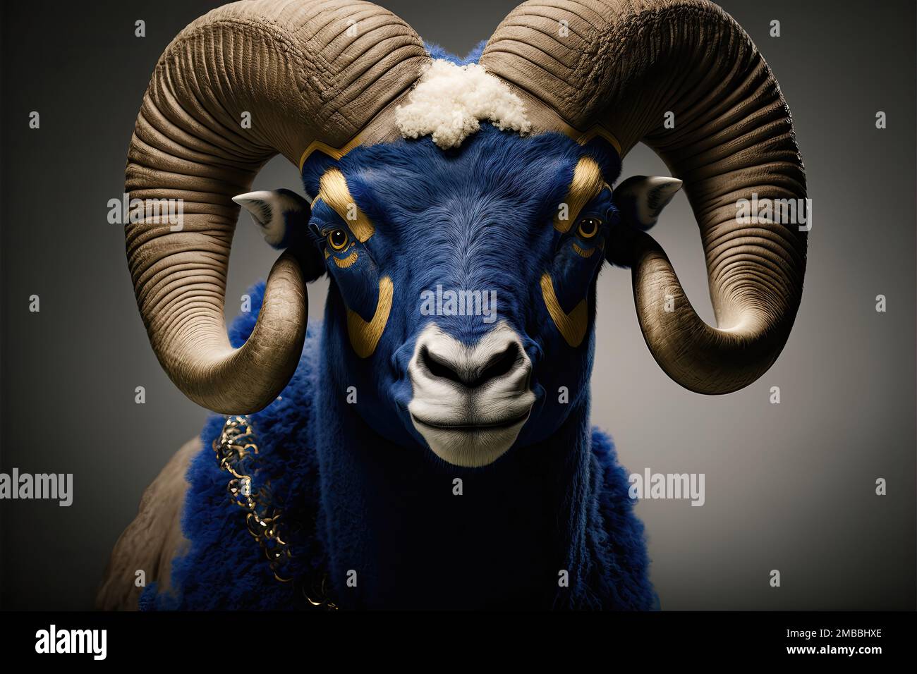 La mascotte dei Los Angeles Rams, una squadra di calcio americana professionista, si chiama Rampage. Rampage è un grande montone antropomorfo con un blu e voi Foto Stock