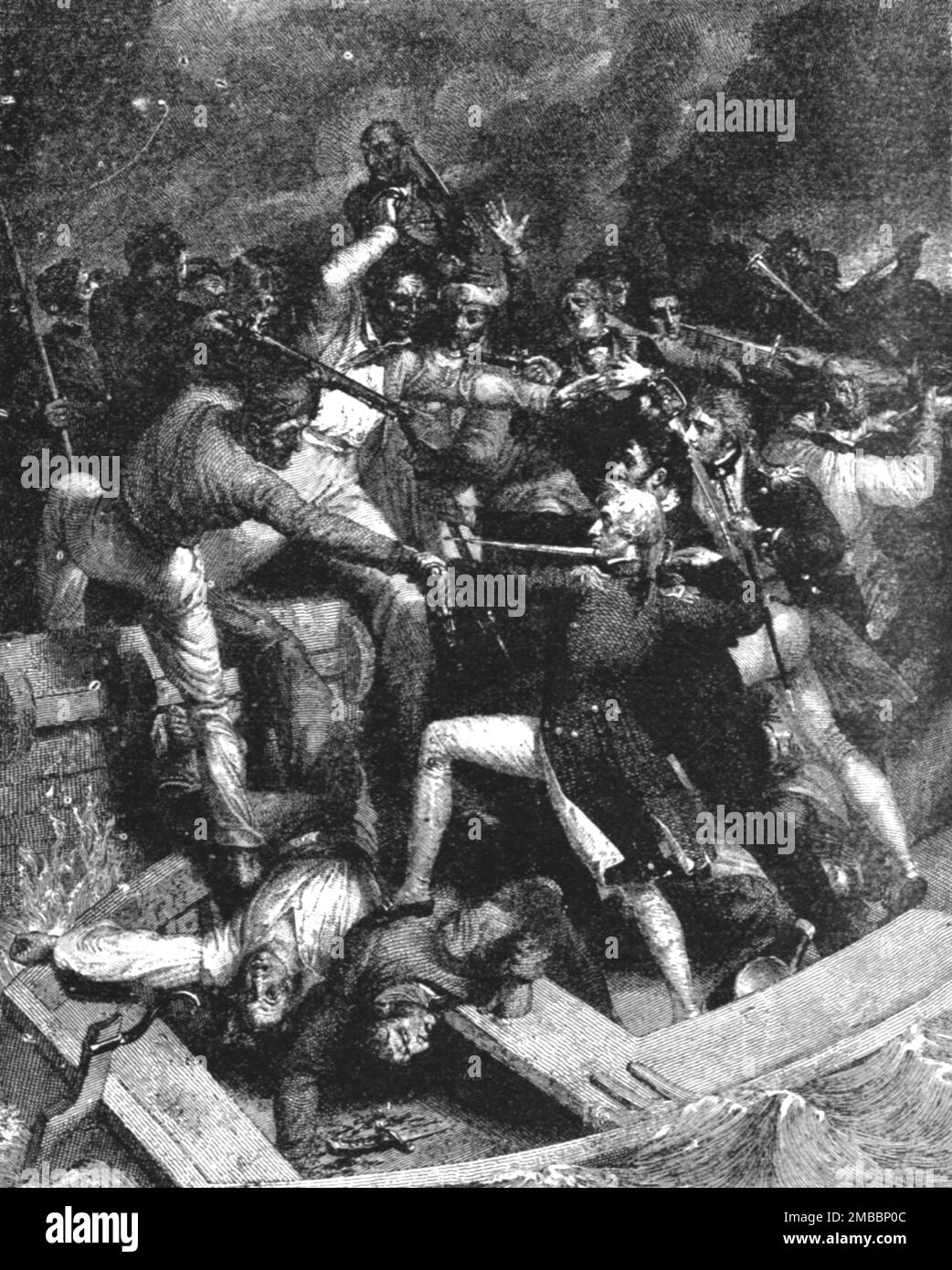 ''Nelson's Conflict with a Spanish Launch, 3 luglio 1797 al blocco di Cadice, dopo R. Westall, R.A.', 1891. Da "The Graphic. Un quotidiano settimanale illustrato", Volume 44. Da luglio a dicembre 1891. Foto Stock