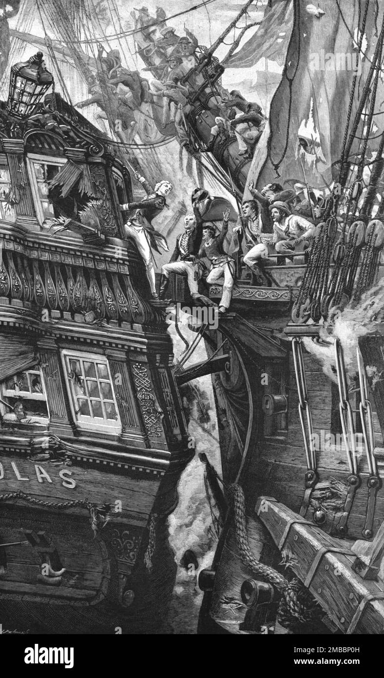 ''Nelson alla Battaglia di St. Vincent, 14 febbraio 1797, dopo Frank Baden-Powell.", 1891. Da "The Graphic. Un quotidiano settimanale illustrato", Volume 44. Da luglio a dicembre 1891. Foto Stock