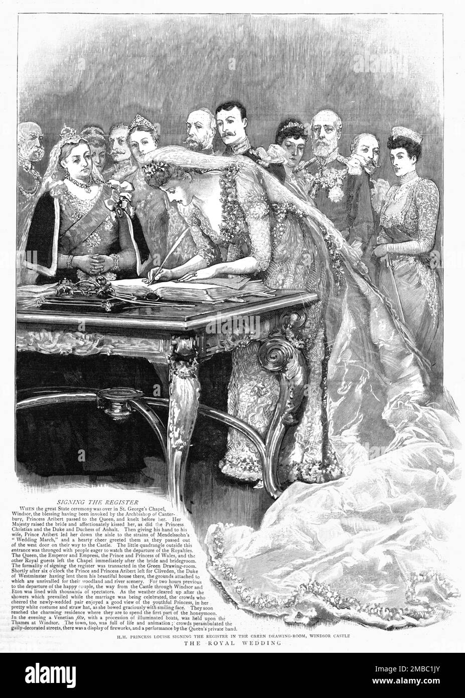 ''il matrimonio reale; la principessa Louise firma il Registro nella Sala Verde, Castello di Windsor il 6 luglio 1891', 1891. Da "The Graphic. Un quotidiano settimanale illustrato", Volume 44. Da luglio a dicembre 1891. Foto Stock