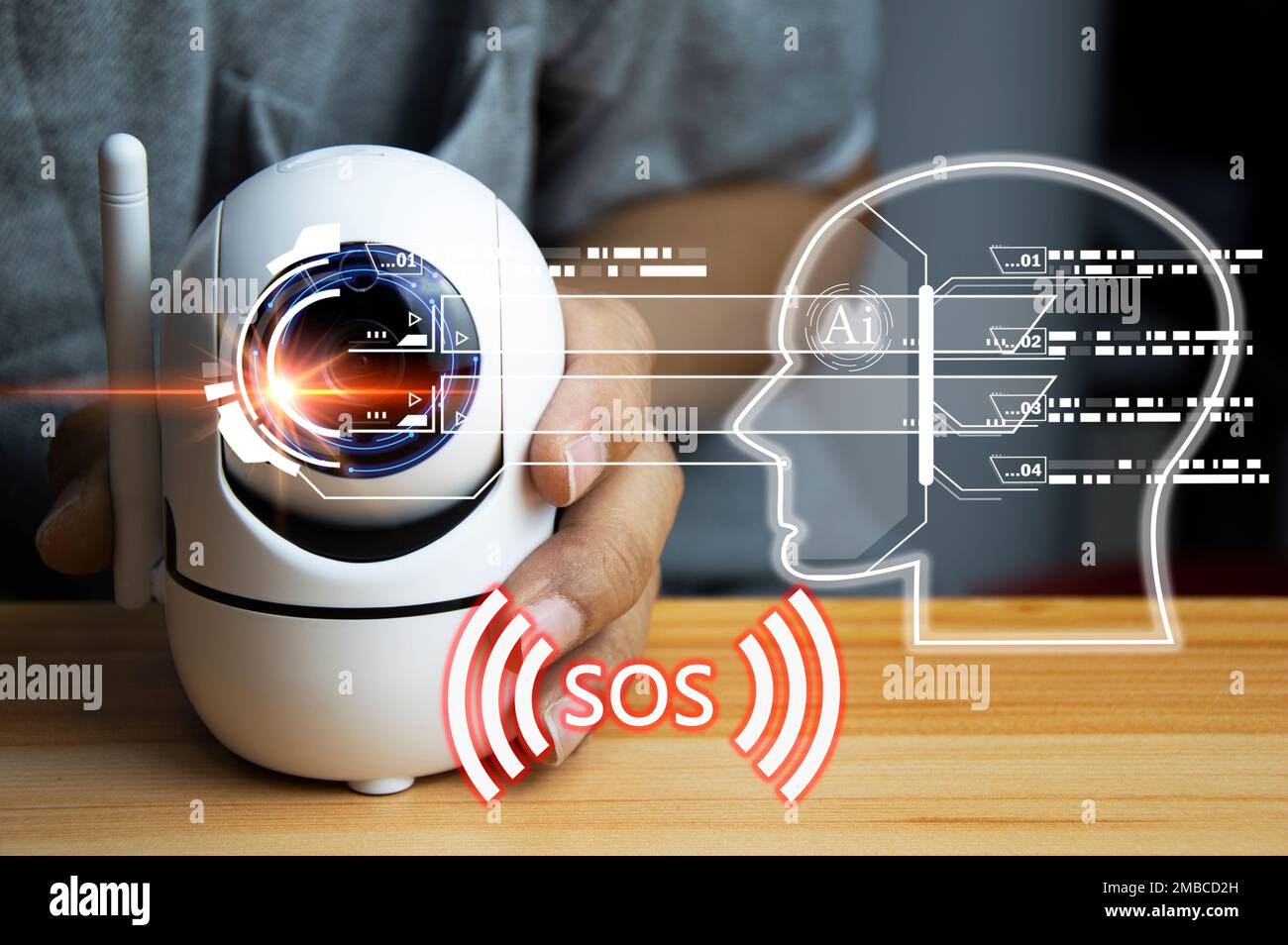 Il concetto di utilizzare le telecamere IP per la sicurezza, la telecamera ip bianca si trova su un pavimento in legno, uomo che utilizza la telecamera ip Foto Stock