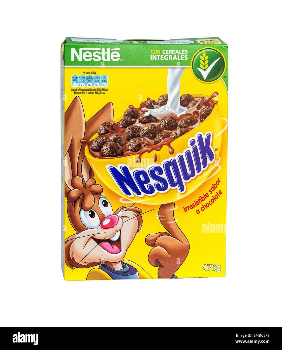 Maiorca, Spagna - 30 aprile 2016: SCATOLA di cereali NESQUIK Nestlé isolata su sfondo bianco Foto Stock