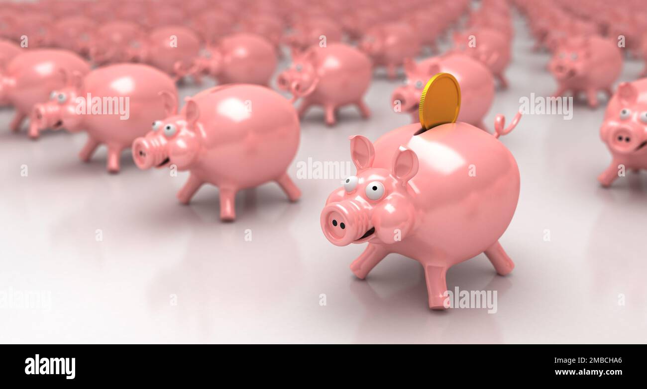 Piggy Bank and Money - rendering 3D Foto Stock
