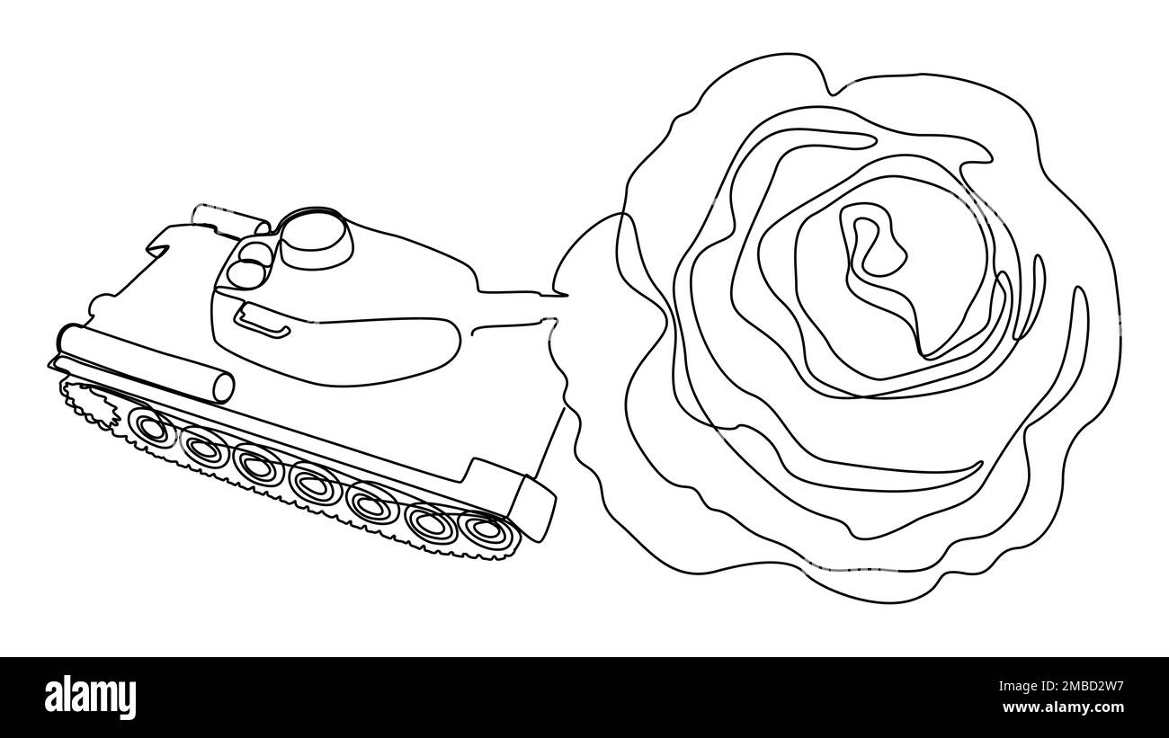 Una linea continua di serbatoio con rosa sulla fine del cannone. Concetto di vettore di illustrazione a linea sottile. Disegno di contorno idee creative. Illustrazione Vettoriale