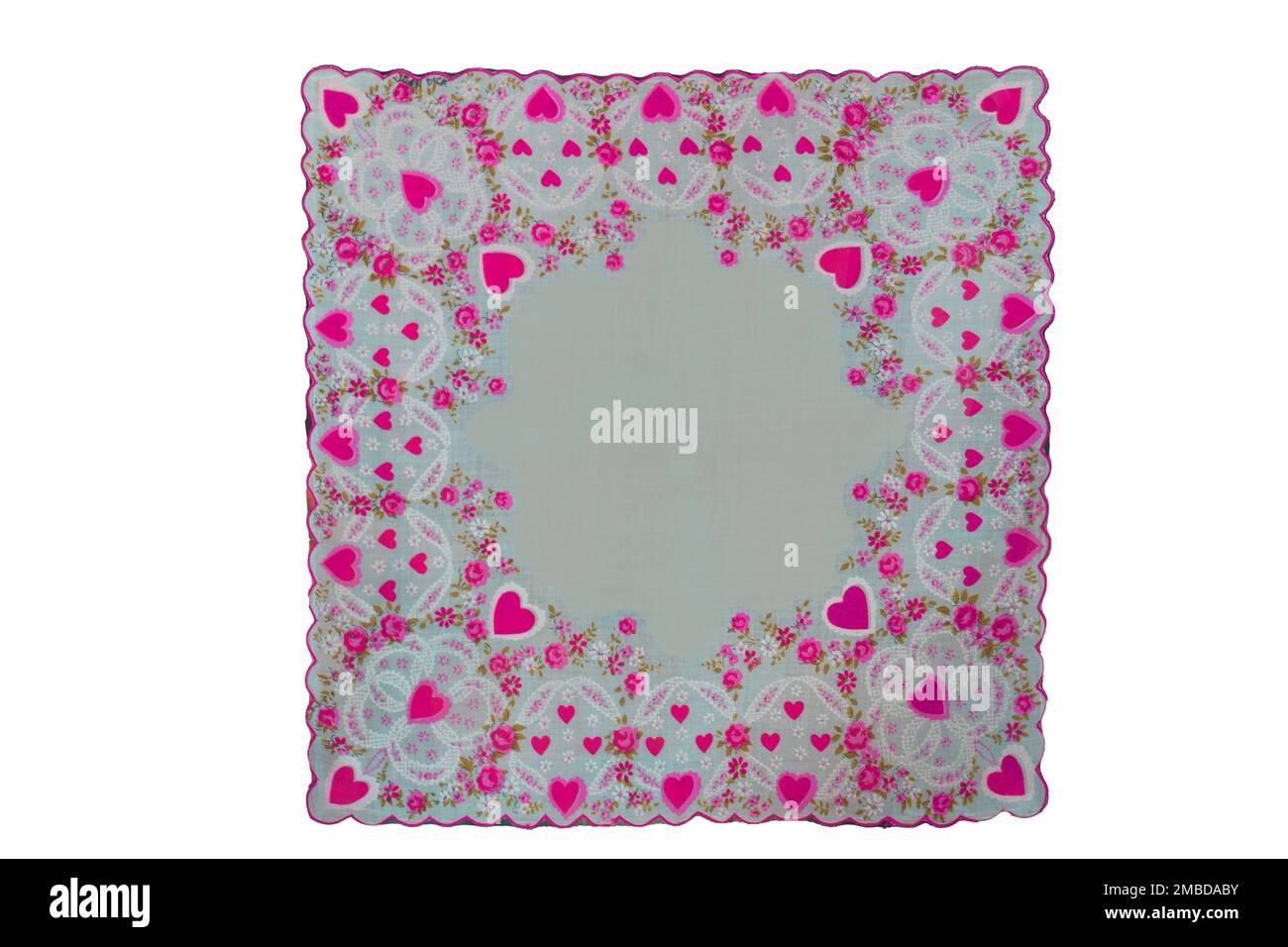 Isolato quadrato vintage fazzoletto hanky in rosa con cuori per febbraio San Valentino è isolato con spazio di testo. Foto Stock