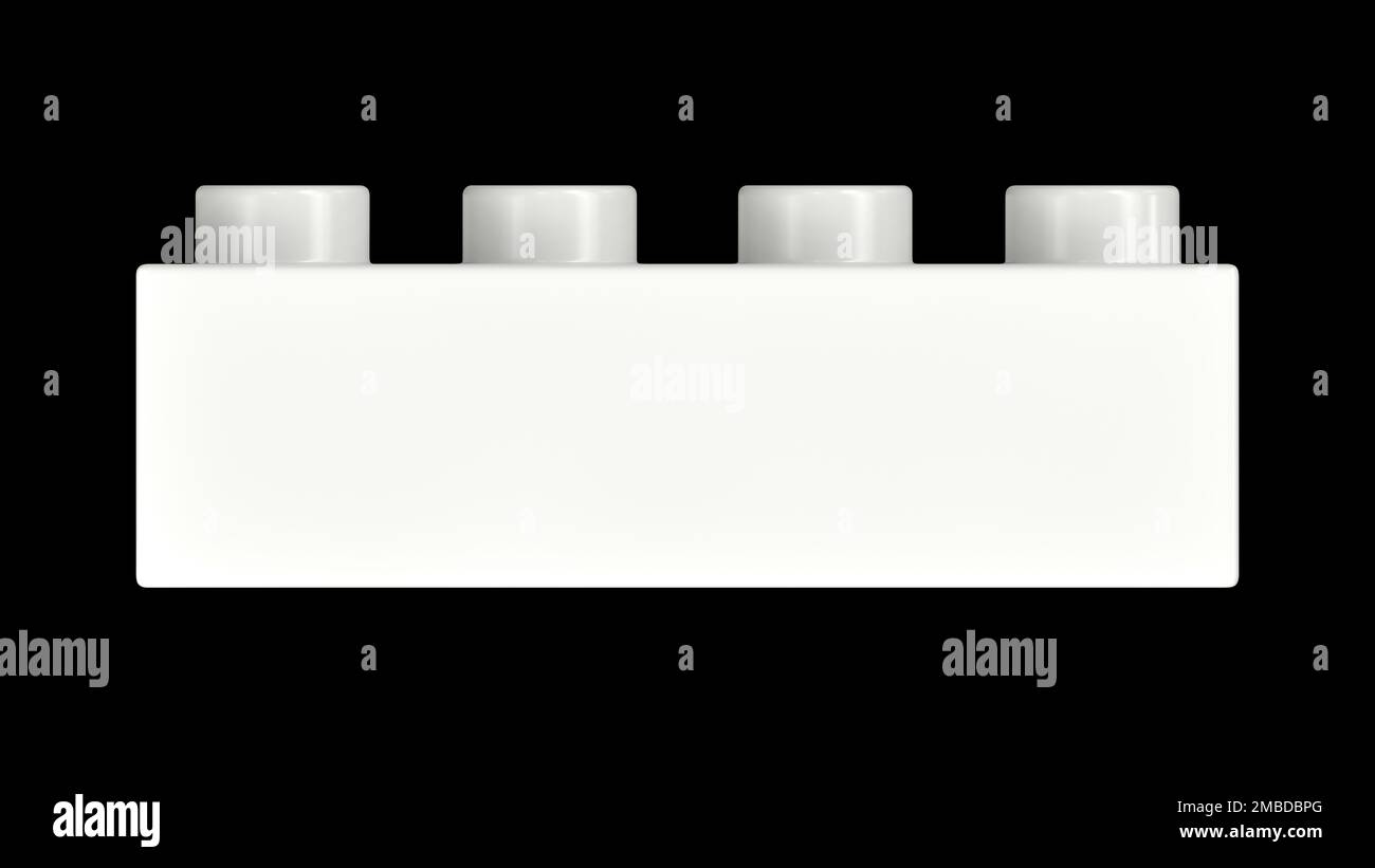 Blocco Lego bianco brillante isolato su sfondo nero. Vista ravvicinata di un mattone di plastica per bambini per costruttori, Vista frontale. Rendering 3D di alta qualità con un percorso di lavoro. 8K Ultra HD, 7680x4320 Foto Stock