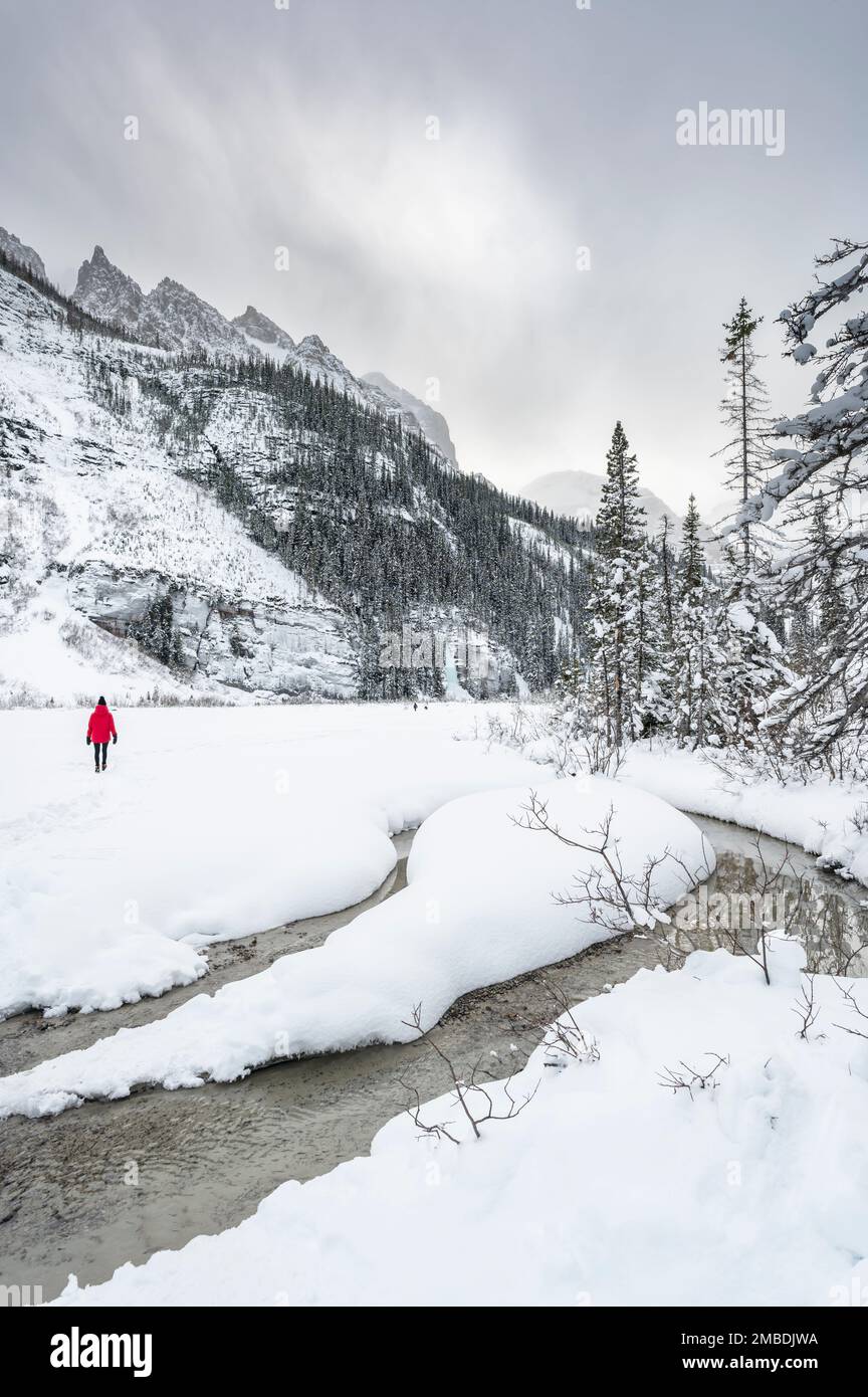 Una persona cammina sul lago ghiacciato Louise nel Parco Nazionale di Banff, Alberta, Canada Foto Stock