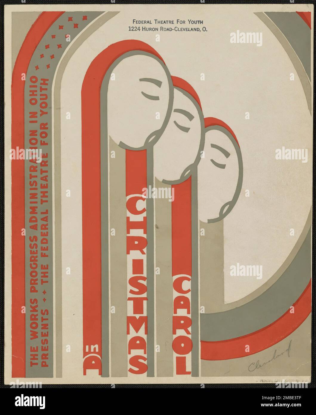 A Christmas Carol, Cleveland, 1937. 'The Works Progress Administration in Ohio presenta - The Federal Theatre for Youth - in - A Christmas Carol'. Il progetto del Teatro Federale, creato dagli Stati Uniti Works Progress Administration nel 1935, è stata progettata per conservare e sviluppare le competenze degli operai teatrali, riutilizzarle in soccorso pubblico, e per portare il teatro a migliaia negli Stati Uniti che non avevano mai visto prima spettacoli teatrali dal vivo. Foto Stock