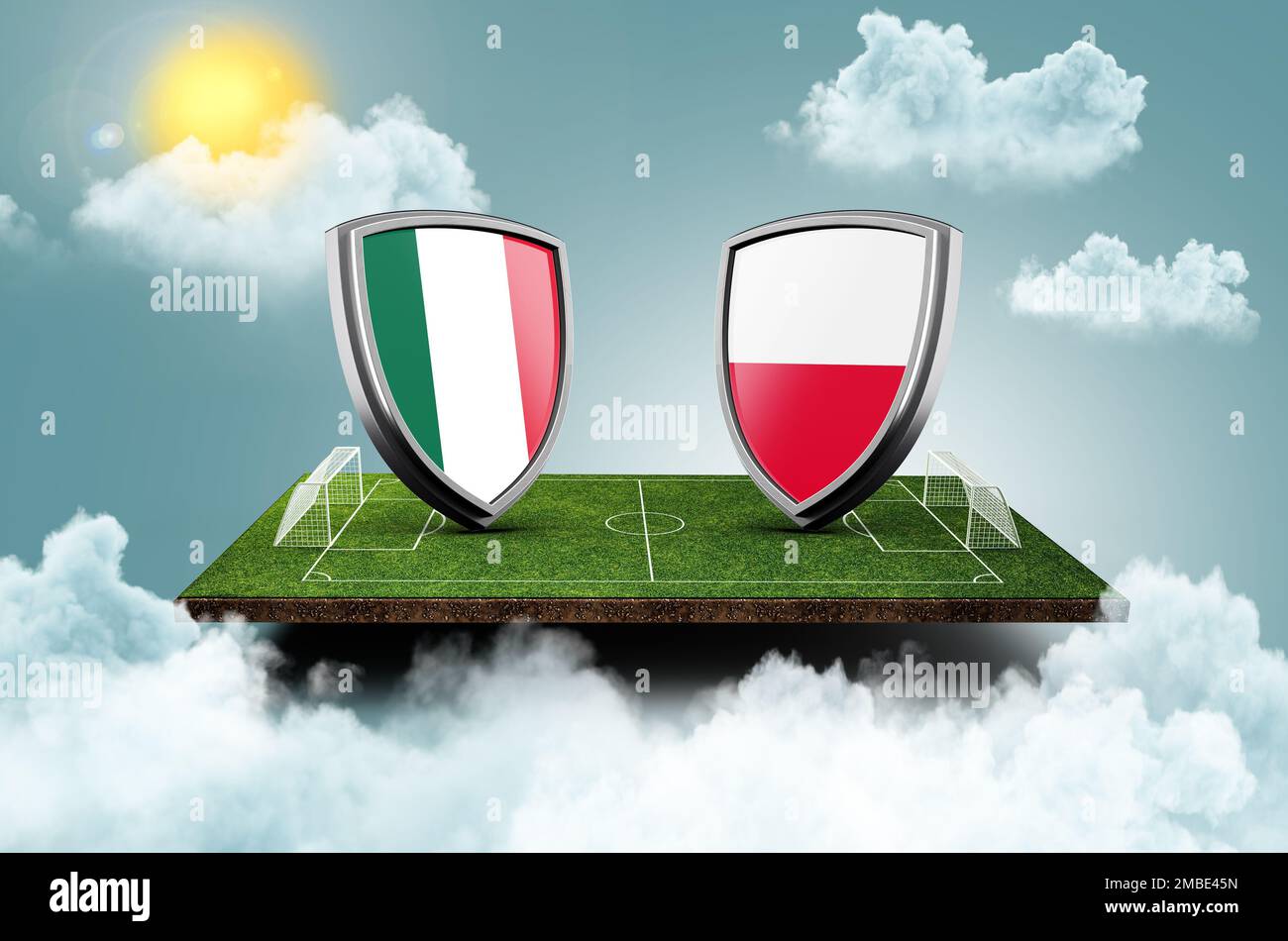 A 3D illustrazione Messico vs Polonia vs banner schermo Soccer concetto. stadio del campo di calcio, Foto Stock