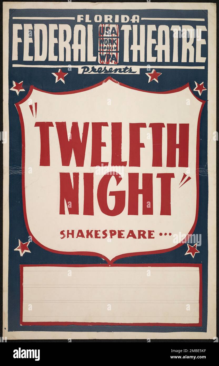 Dodicesima notte, Jacksonville, Florida, 1937. 'Florida Federal Theatre presenta - "dodicesima notte" - Shakespeare...'. Il progetto del Teatro Federale, creato dagli Stati Uniti Works Progress Administration nel 1935, è stata progettata per conservare e sviluppare le competenze degli operai teatrali, riutilizzarle in soccorso pubblico, e per portare il teatro a migliaia negli Stati Uniti che non avevano mai visto prima spettacoli teatrali dal vivo. Foto Stock