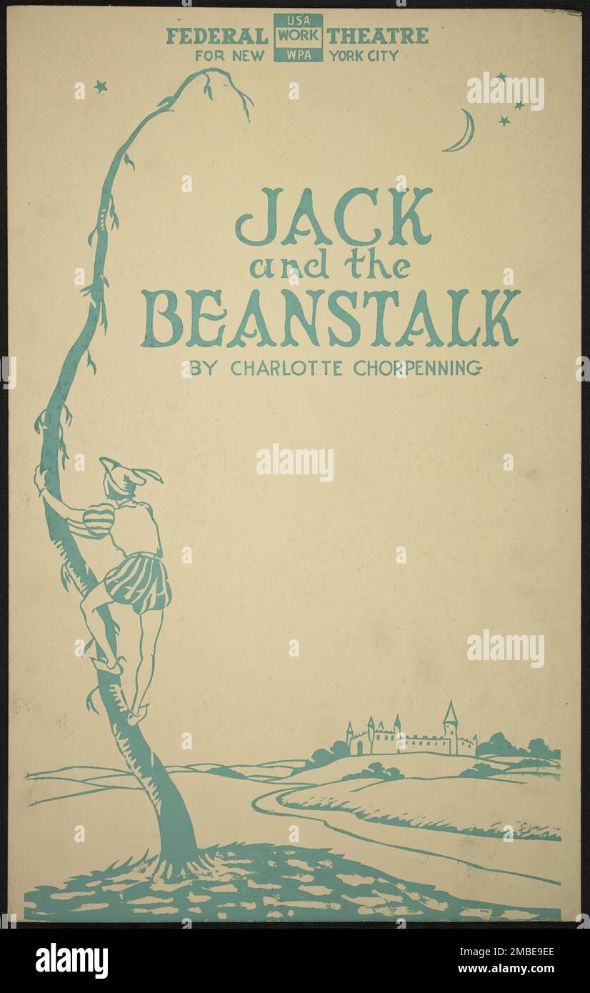 Jack and the Beanstalk 2, New York, [1930s]. Il progetto del Teatro Federale, creato dagli Stati Uniti Works Progress Administration nel 1935, è stata progettata per conservare e sviluppare le competenze degli operai teatrali, riutilizzarle in soccorso pubblico, e per portare il teatro a migliaia negli Stati Uniti che non avevano mai visto prima spettacoli teatrali dal vivo. Foto Stock