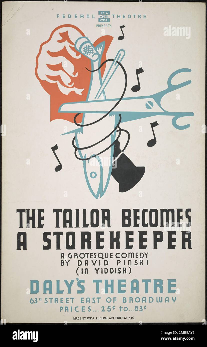 Il sarto diventa un depositario, New York, 1938. Il progetto del Teatro Federale, creato dagli Stati Uniti Works Progress Administration nel 1935, è stata progettata per conservare e sviluppare le competenze degli operai teatrali, riutilizzarle in soccorso pubblico, e per portare il teatro a migliaia negli Stati Uniti che non avevano mai visto prima spettacoli teatrali dal vivo. Foto Stock