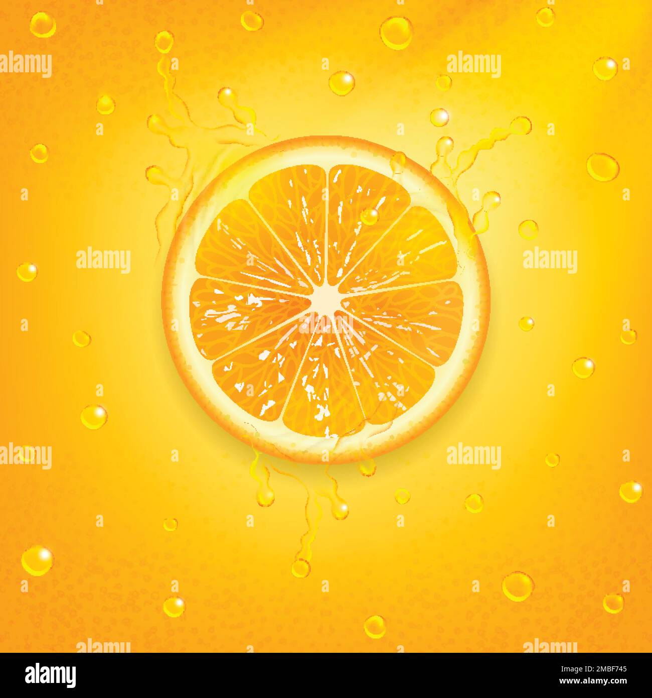 arancia succosa con succo fresco su sfondo arancione Illustrazione Vettoriale