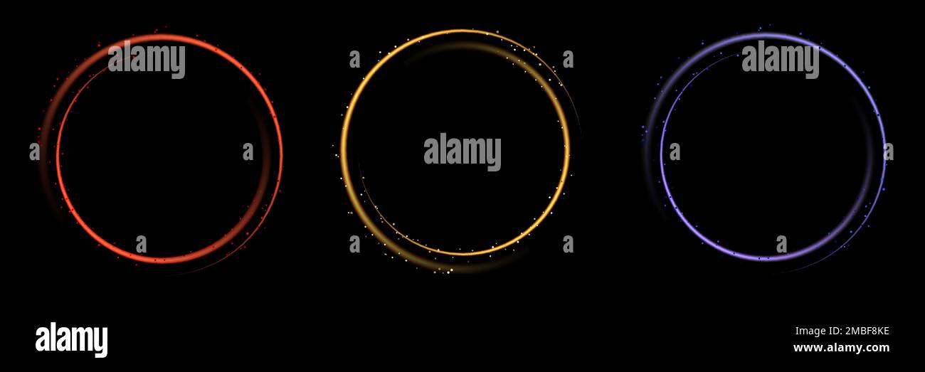 Set di cerchi luminosi di colore al neon forma curva rotonda con glitter isolato su sfondo nero tecnologia concetto. Bordo circolare della cornice luminosa. È possibile Illustrazione Vettoriale