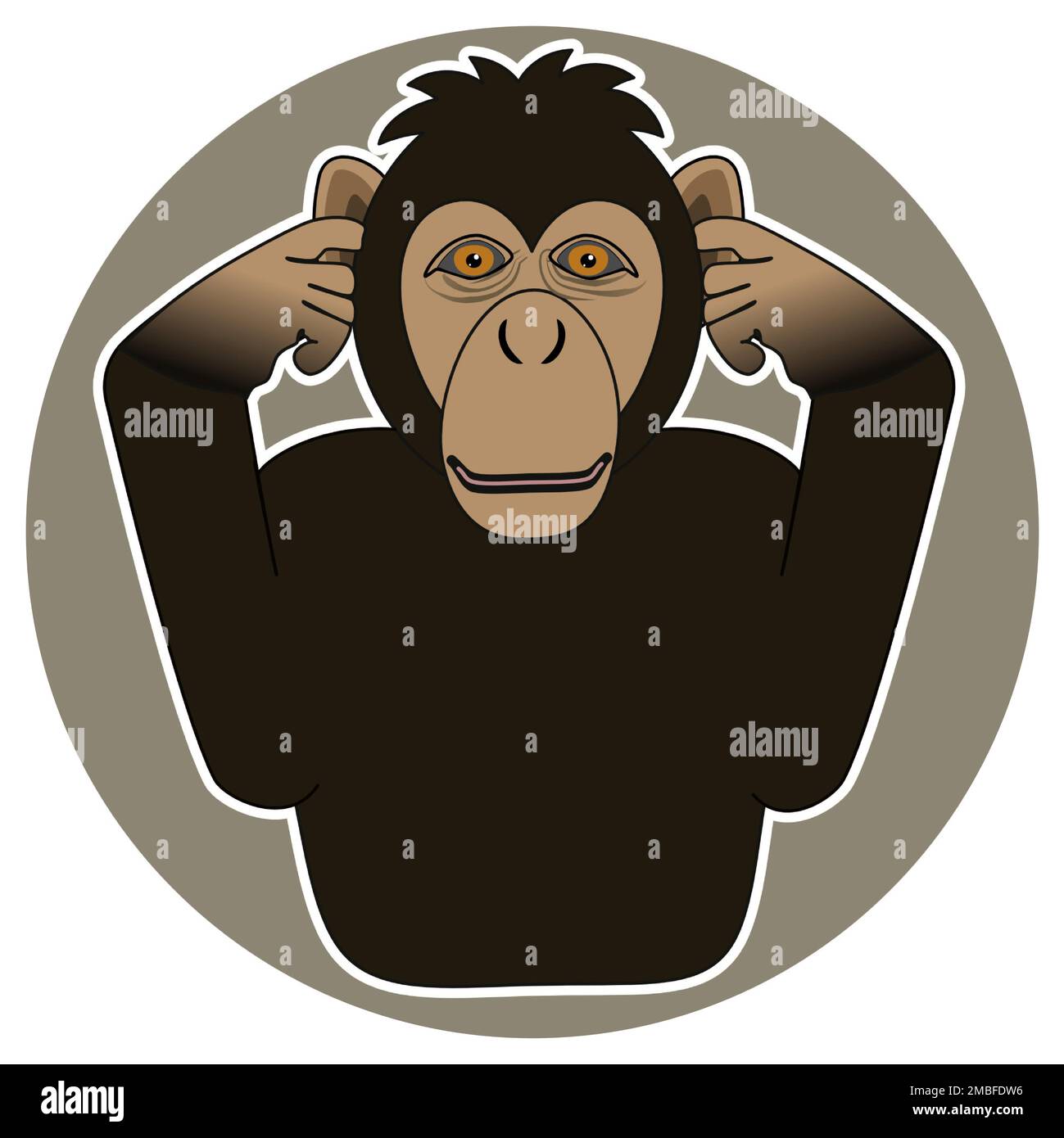 Scimmia umoristica in stile cartoon, con le dita nelle orecchie, disegnata in Vector. Immagine divertente ideale per la stampa di T-shirt, motivi, logo o adesivi. Illustrazione Vettoriale