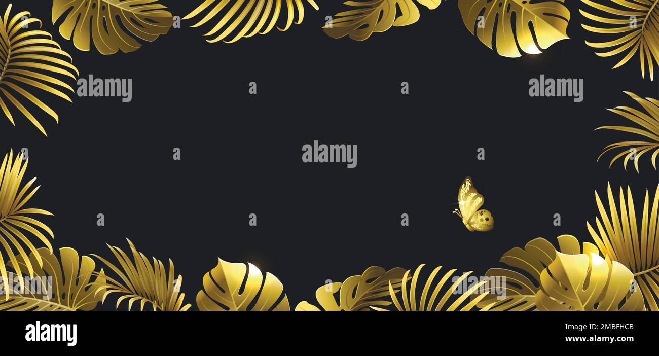 bandiera di rami dorati di piante tropicali su sfondo nero Illustrazione Vettoriale