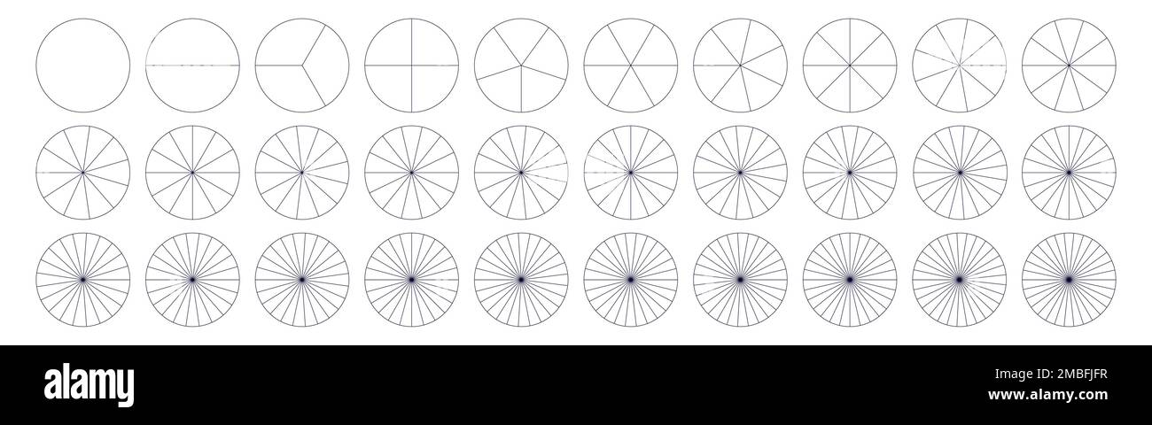 Torta frazioni divisa per matematica. Torta circolare con pezzi. Gruppo di sezioni del segmento. Geometria semplice. Illustrazione con isolamento vettoriale Illustrazione Vettoriale