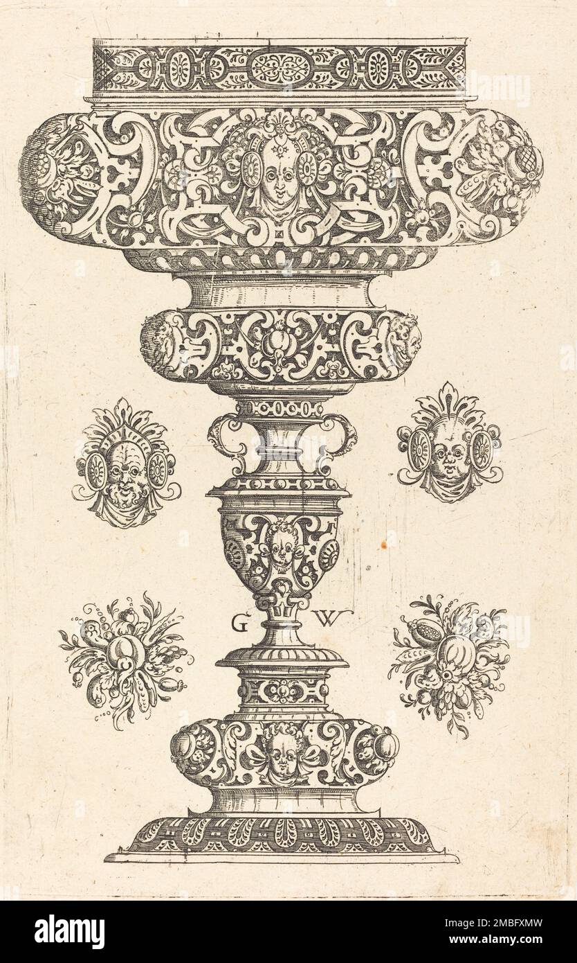Calice, bordo decorato con masque e bouquet di frutta, pubblicato nel 1579. Foto Stock