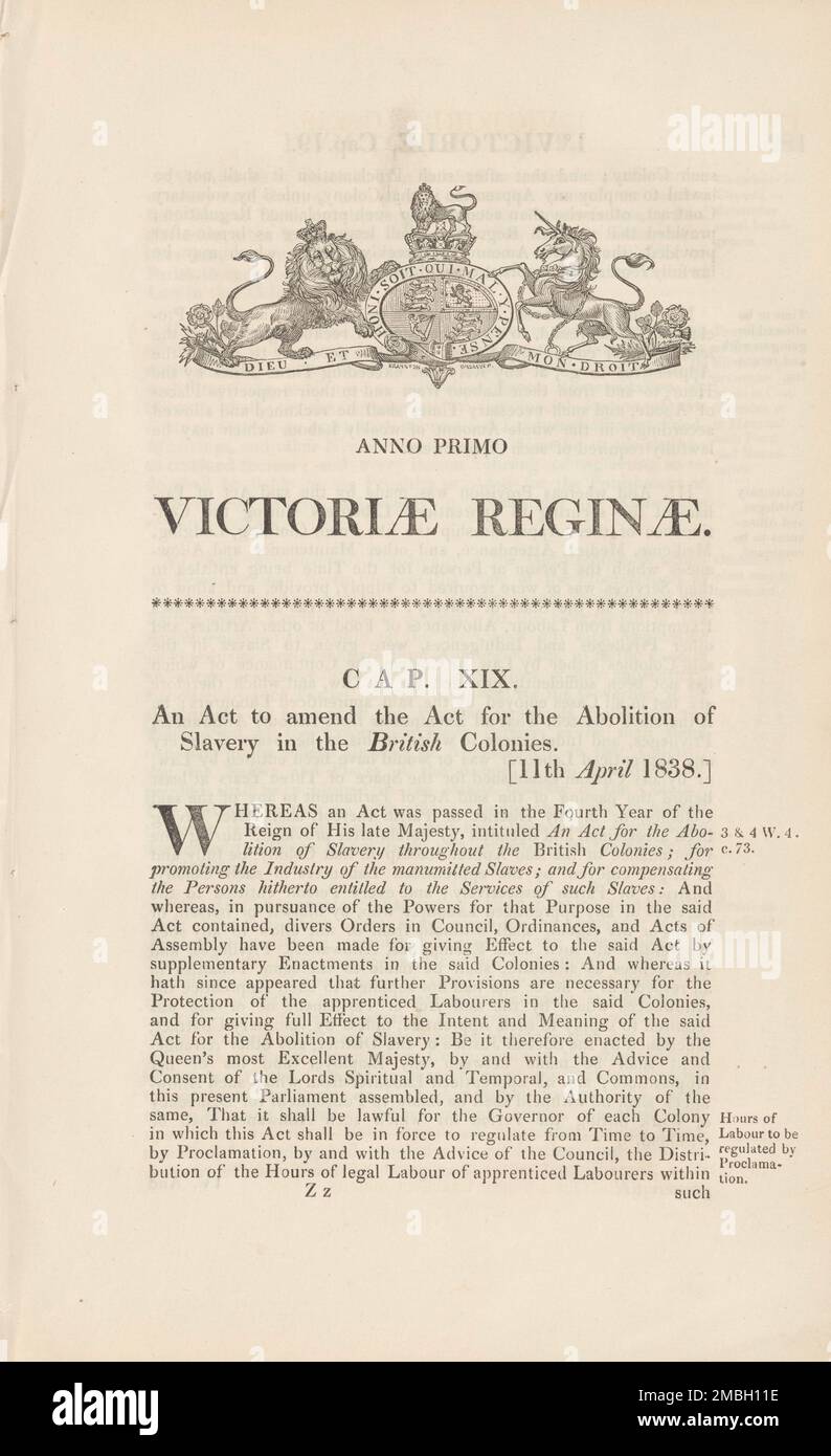 Una legge per modificare la legge per l'abolizione della schiavitù nelle colonie britanniche, 1838-04-11. Documento legale britannico. Foto Stock