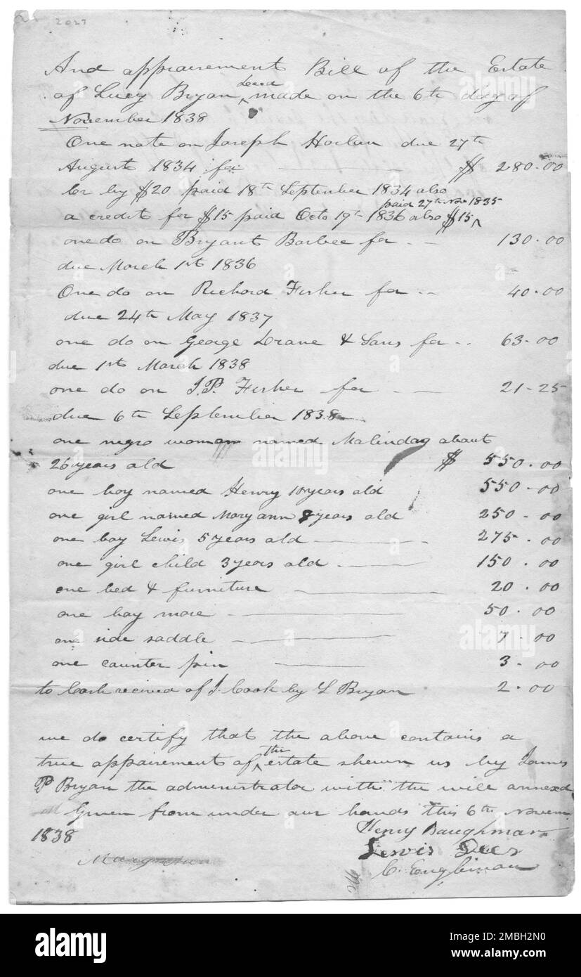 Elenco degli articoli della proprietà, inclusi gli slave. Top reads 'e l'assessment Bill della tenuta di Lucy Bryan...', 1838. '...una bambina di 3 anni - $150...'. Foto Stock