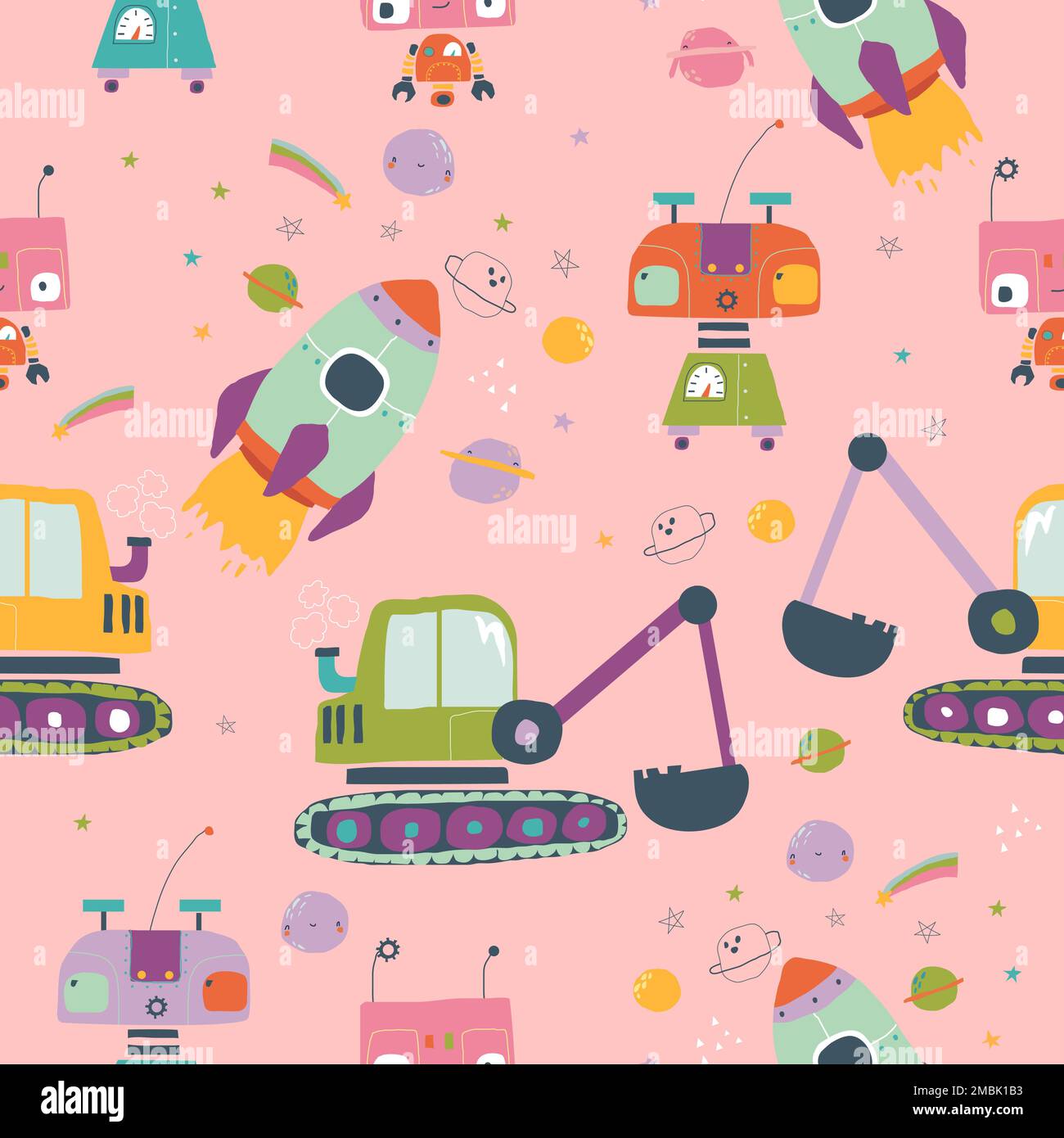 Modello di cartone animato con robot, Digger, Cosmic Rocket su sfondo rosa Illustrazione Vettoriale