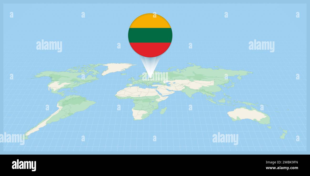 Posizione della Lituania sulla mappa del mondo, contrassegnata con il simbolo della bandiera della Lituania. Illustrazione vettoriale cartografica. Illustrazione Vettoriale