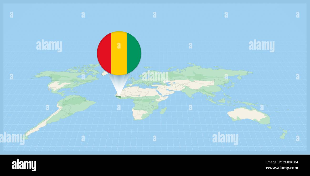 Posizione della Guinea sulla mappa del mondo, contrassegnata con la bandiera della Guinea. Illustrazione vettoriale cartografica. Illustrazione Vettoriale