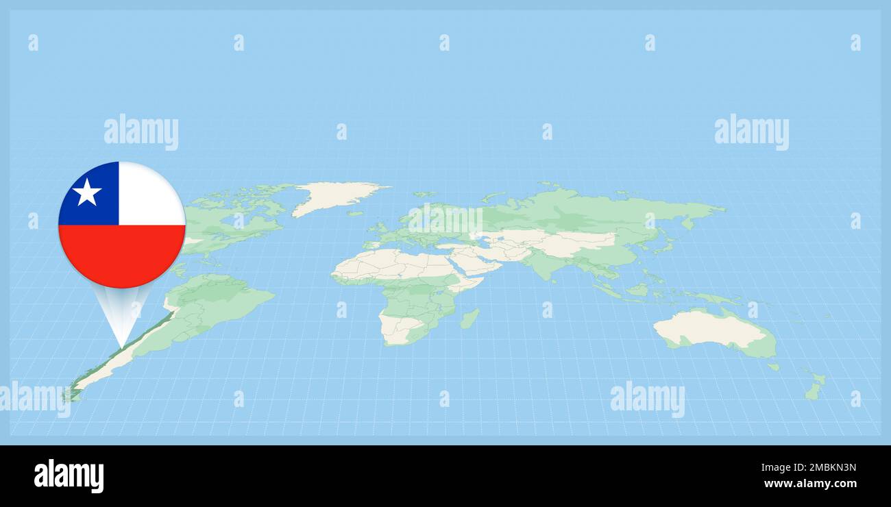 Posizione del Cile sulla mappa del mondo, contrassegnata con il simbolo della bandiera del Cile. Illustrazione vettoriale cartografica. Illustrazione Vettoriale