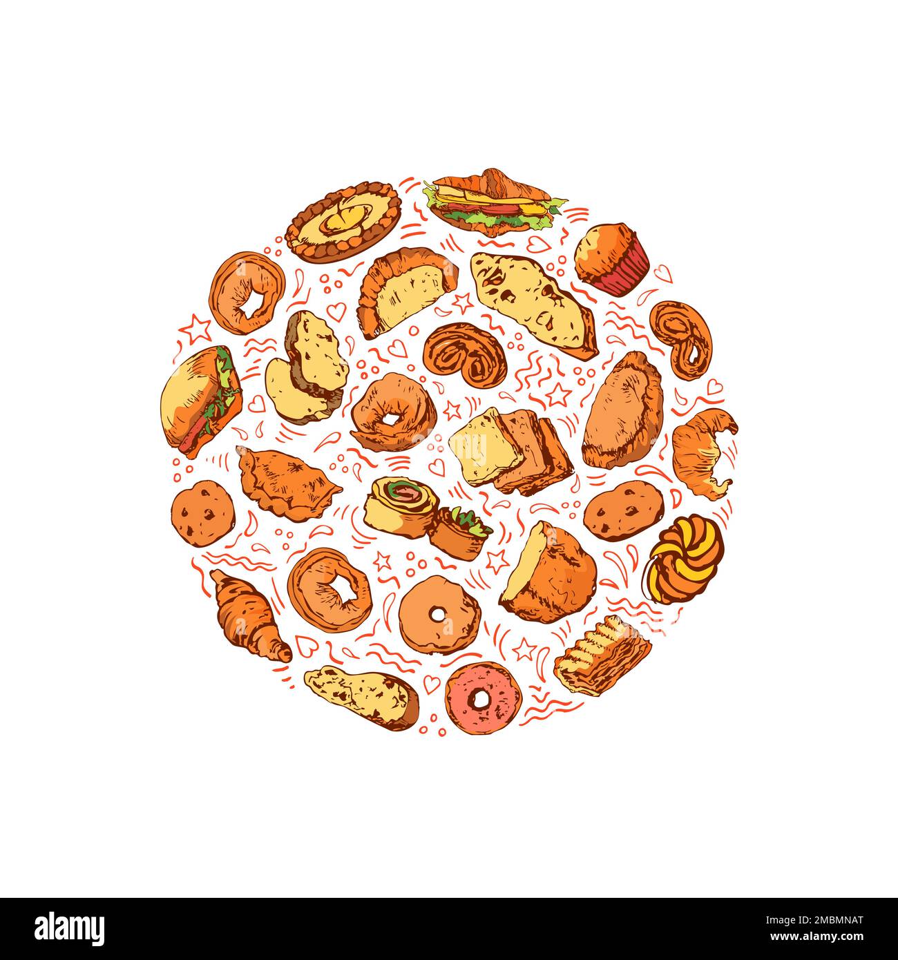 Schizzo colorato di pane e panetteria in tondo Illustrazione Vettoriale