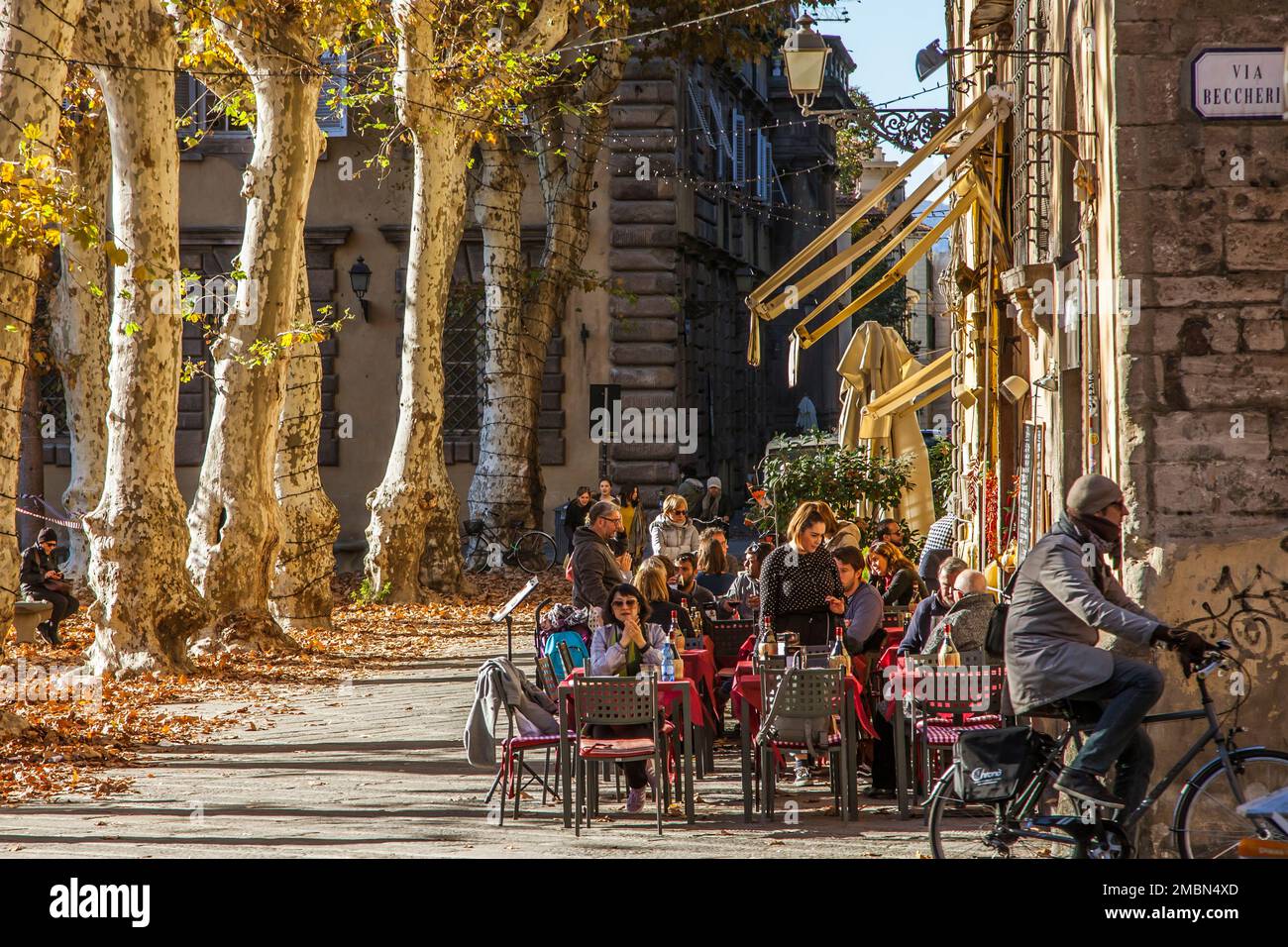 Caffè cultura in un pomeriggio autunnale in Piazza Napoleone, Lucca, Toscana, Italia. Foto Stock