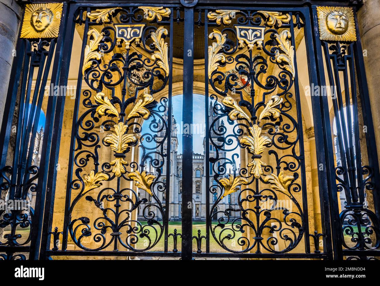 Porta ornata in ferro battuto per l'All Souls College, Catte Street, Oxford, Oxfordshire, Inghilterra sudorientale Foto Stock