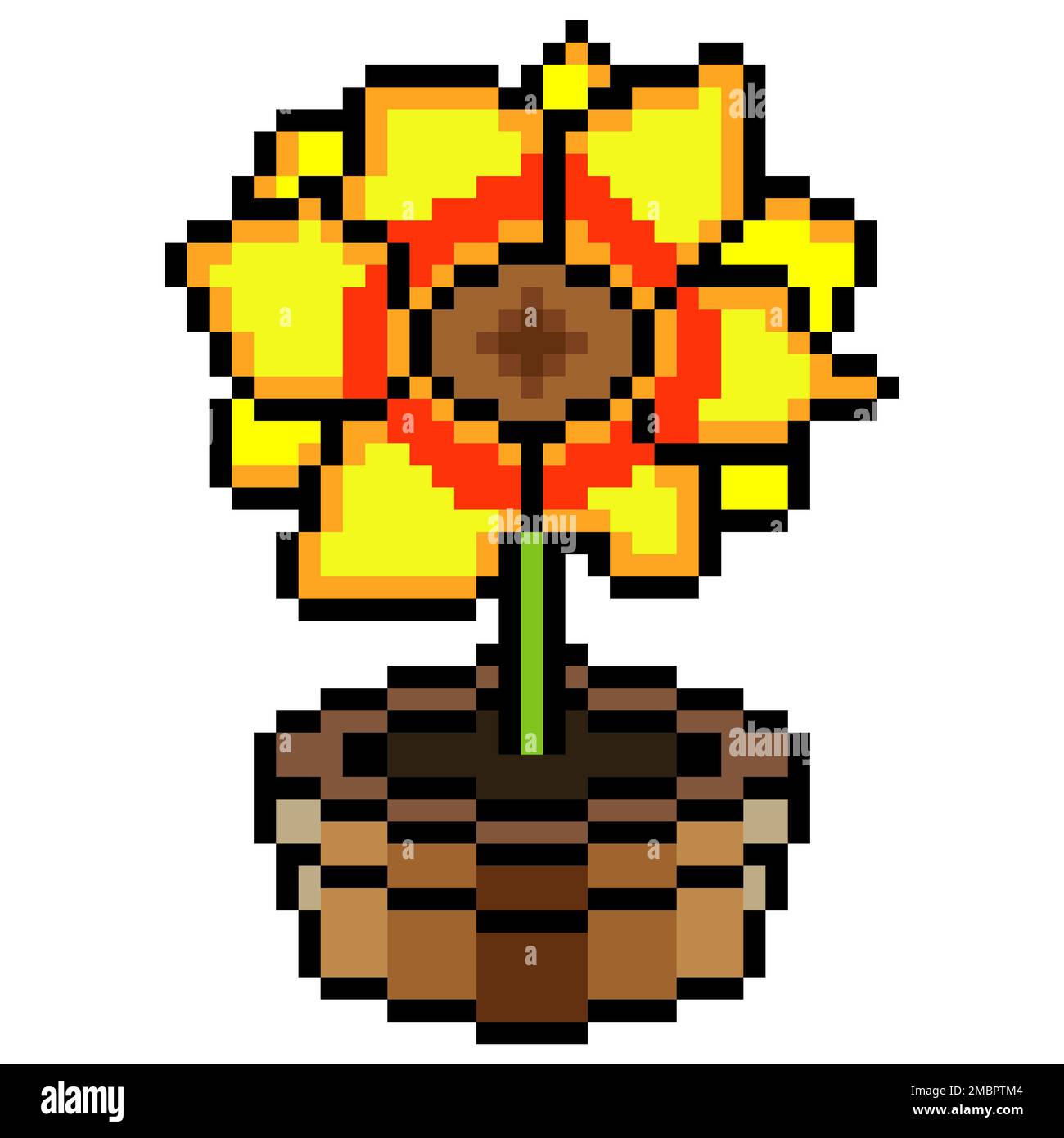 Girasole in vaso. Illustrazione dell'icona del vettore pixel art. Foto Stock
