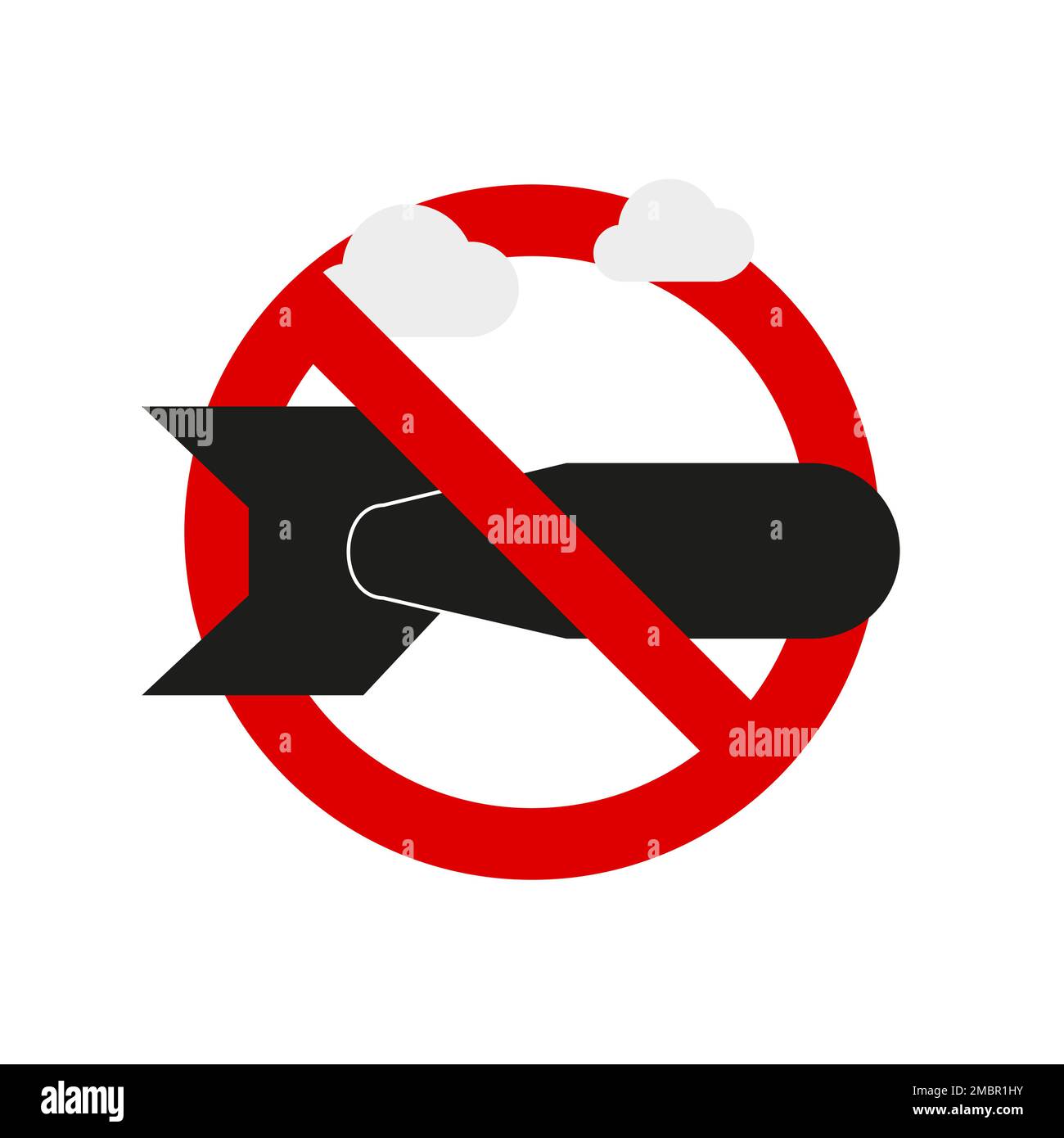 Smettere di bombardare nessun segno. Immagine di un vettore piatto di bomba in caduta isolato su sfondo bianco. Illustrazione Vettoriale