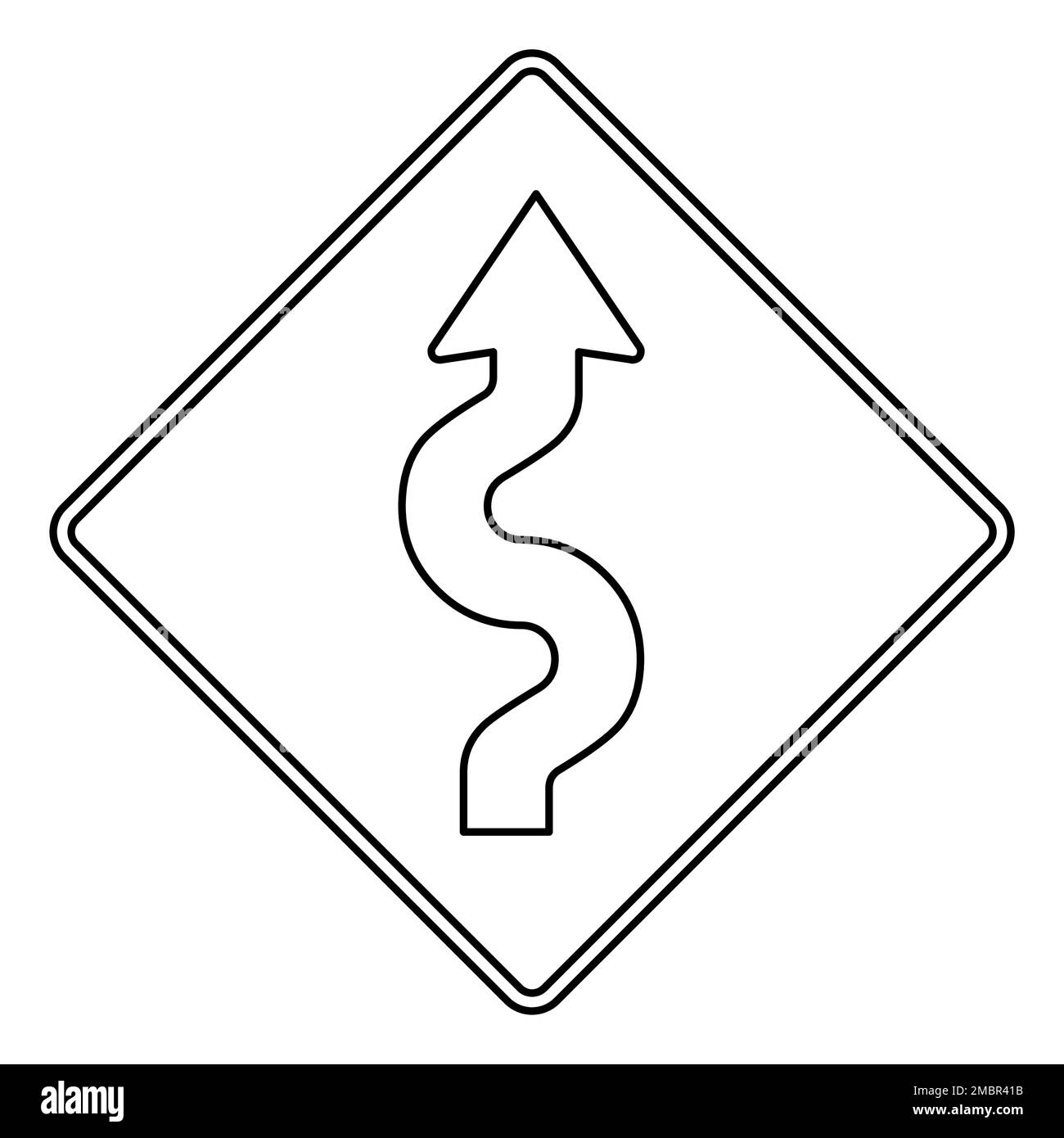 Tortuoso cartello stradale isolato su sfondo bianco. Icona contorno. Illustrazione Vettoriale